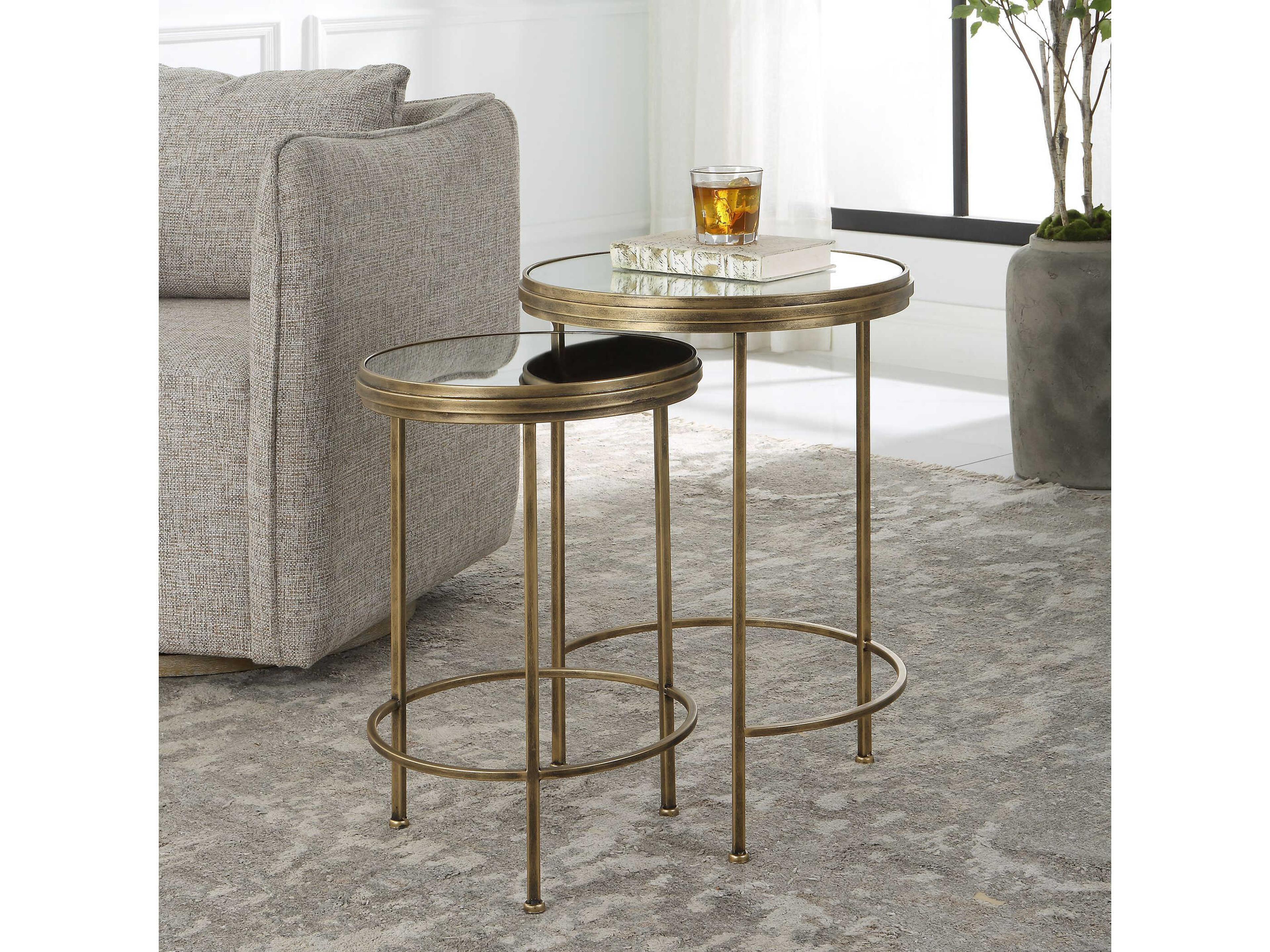 Luxecor Illumination Round Mirror Antique Brushed Gold End Table