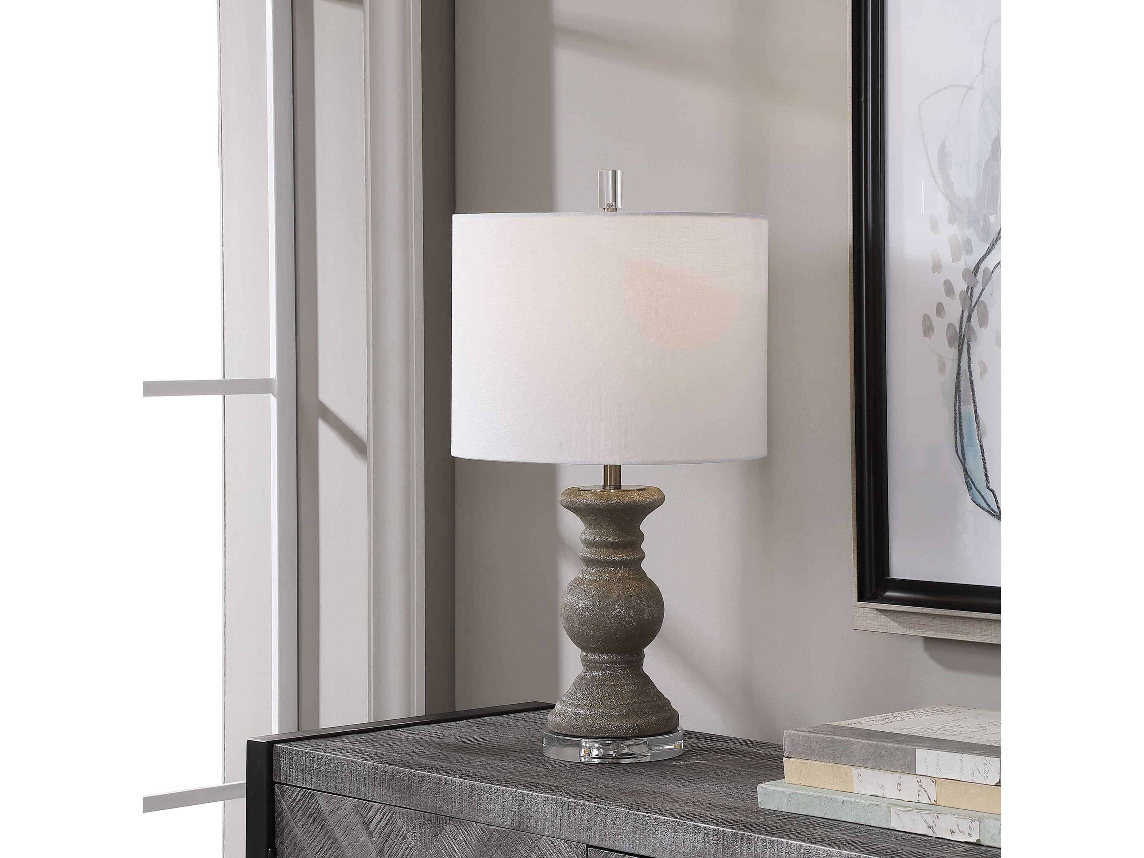 Luxecor Illumination Stone Gray Silver Round Drum Hardback Traditional Table Lamp