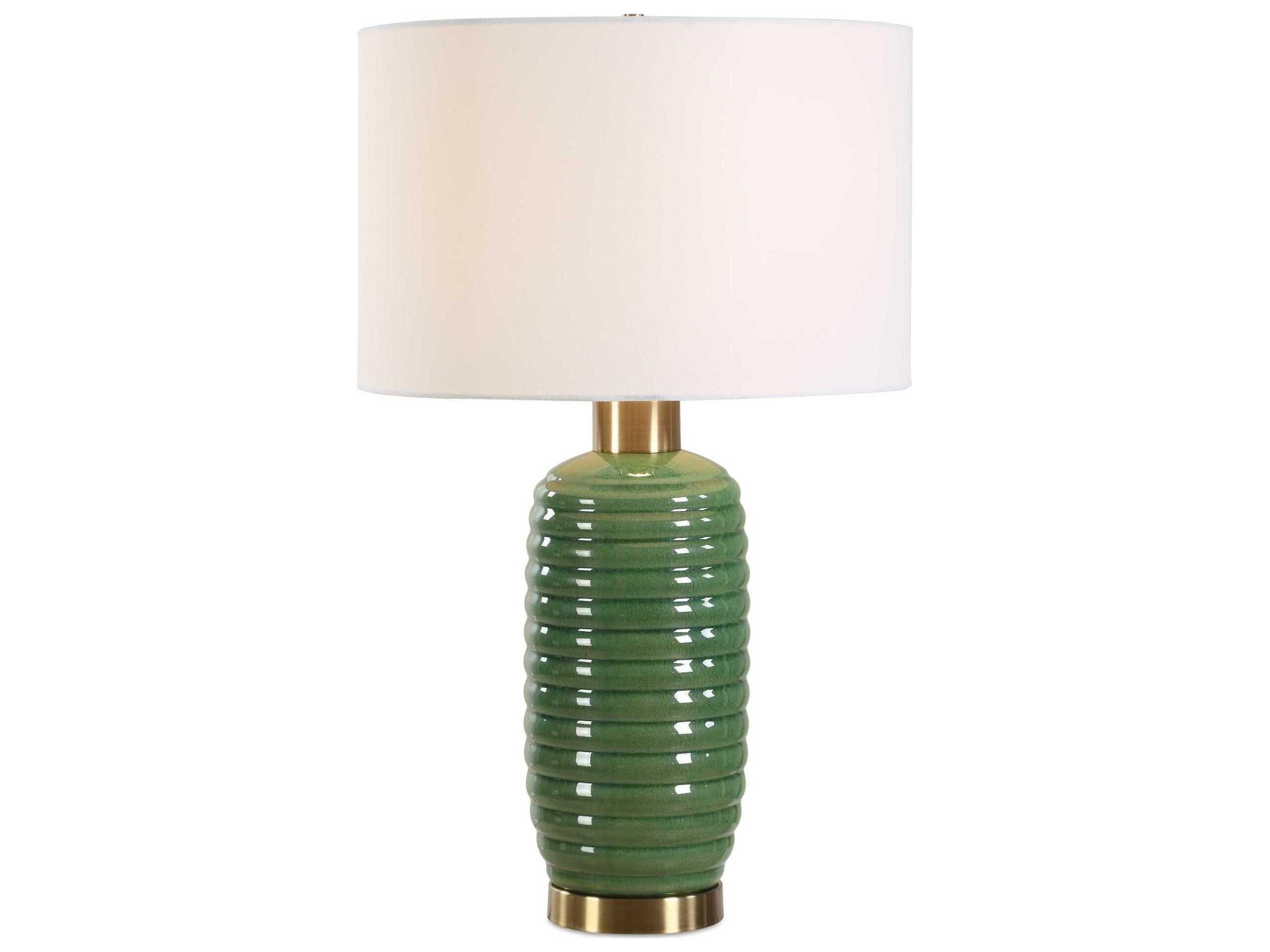 Luxecor Illumination Olive Green Antique Brass Round Hardback Table Lamp