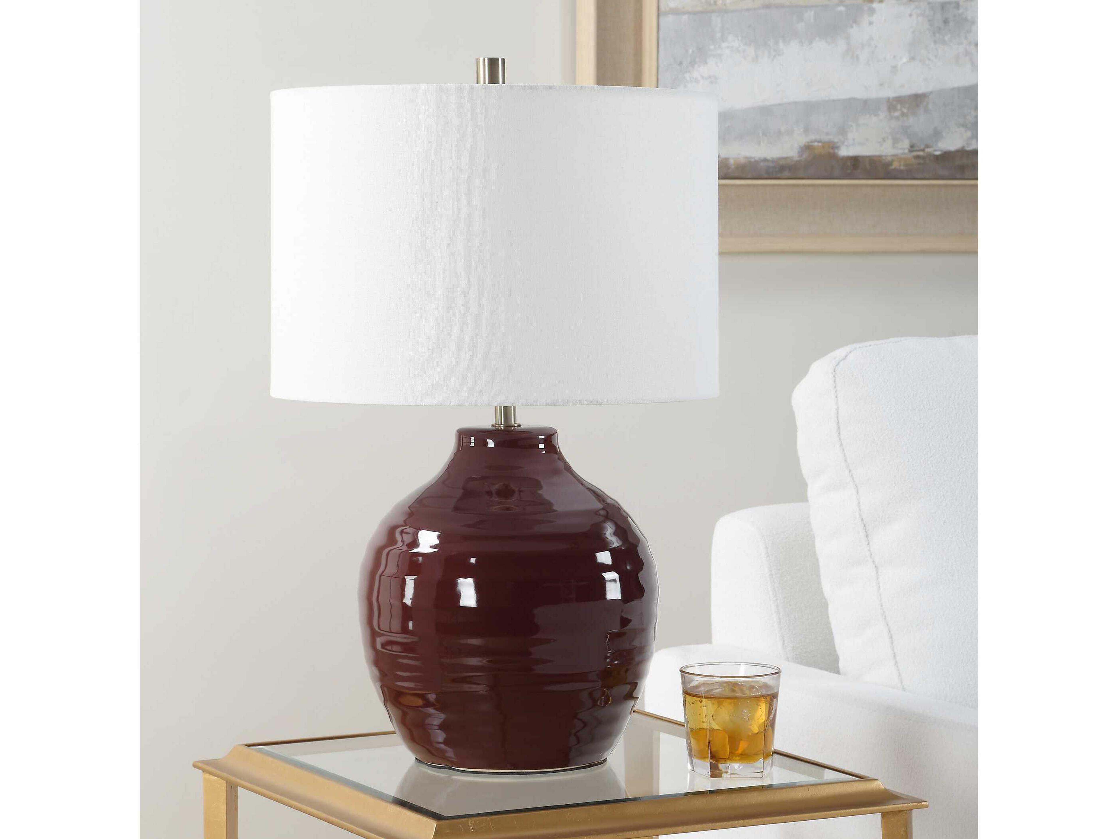 Luxecor Illumination Deep Ruby Red Antique Brass Round Hardback Table Lamp