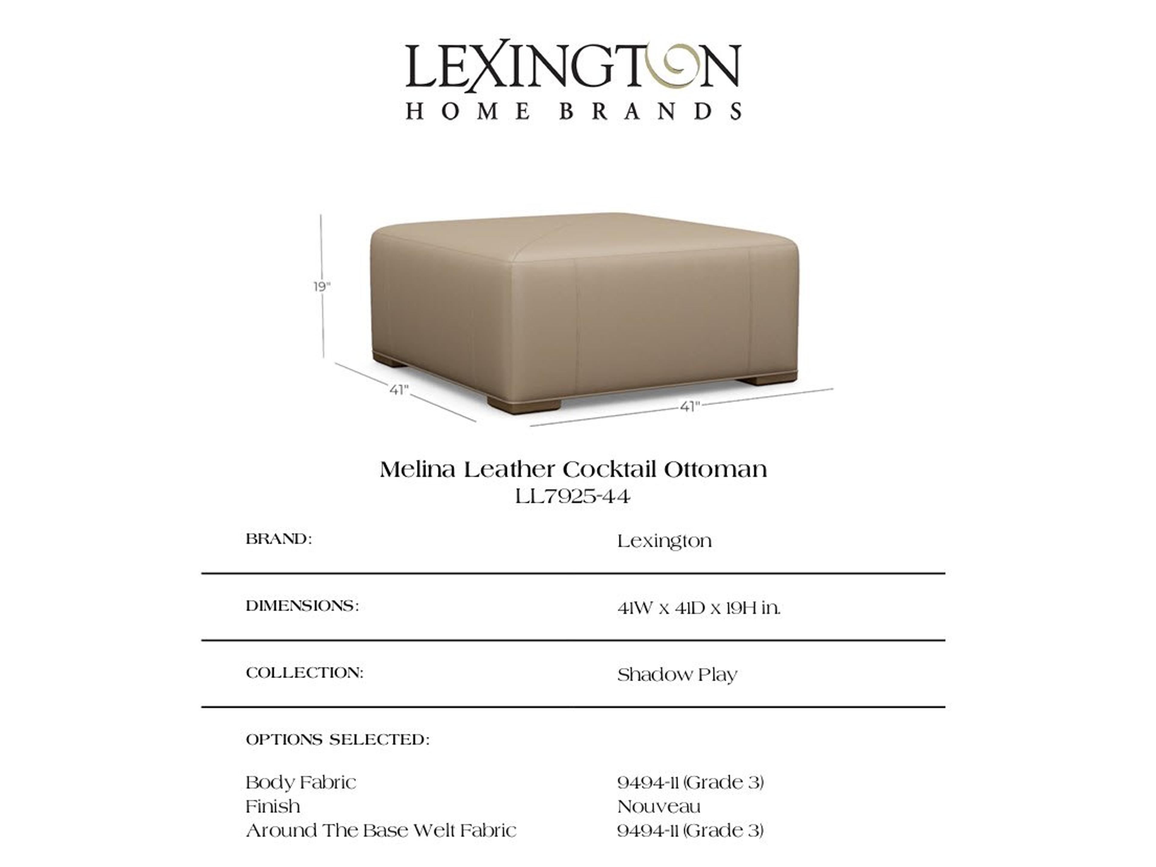 Lexington Shadow Play Melina Leather Cocktail Ottoman Body Fabric and Around The Base welt in Grade 3 9494-11 and Finish: Nouveau