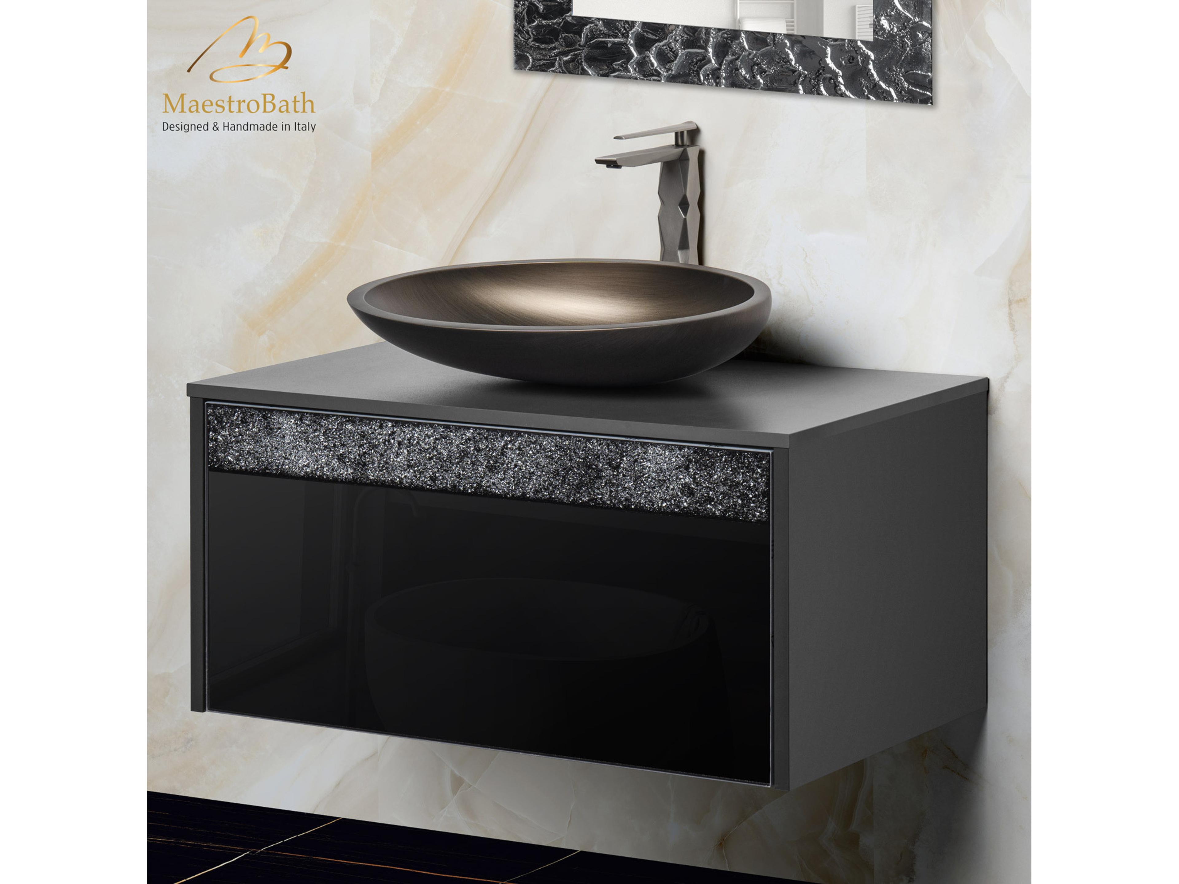 Serafina Modern Single Vanity 32"  Durable Wood And Murano Crystals  Black