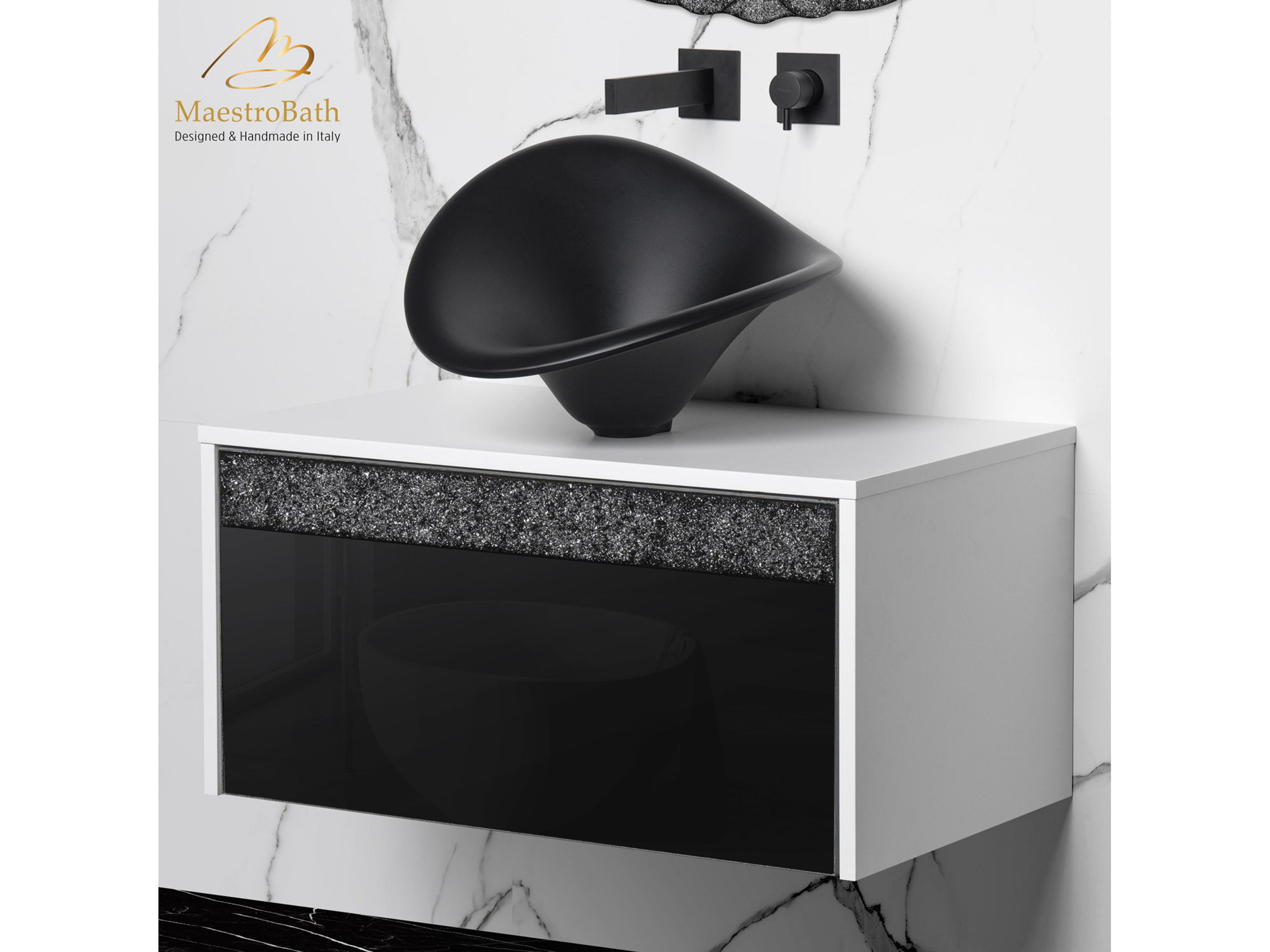 Serafina Modern Single Vanity 32"  Durable Wood And Murano Crystals  White And Black