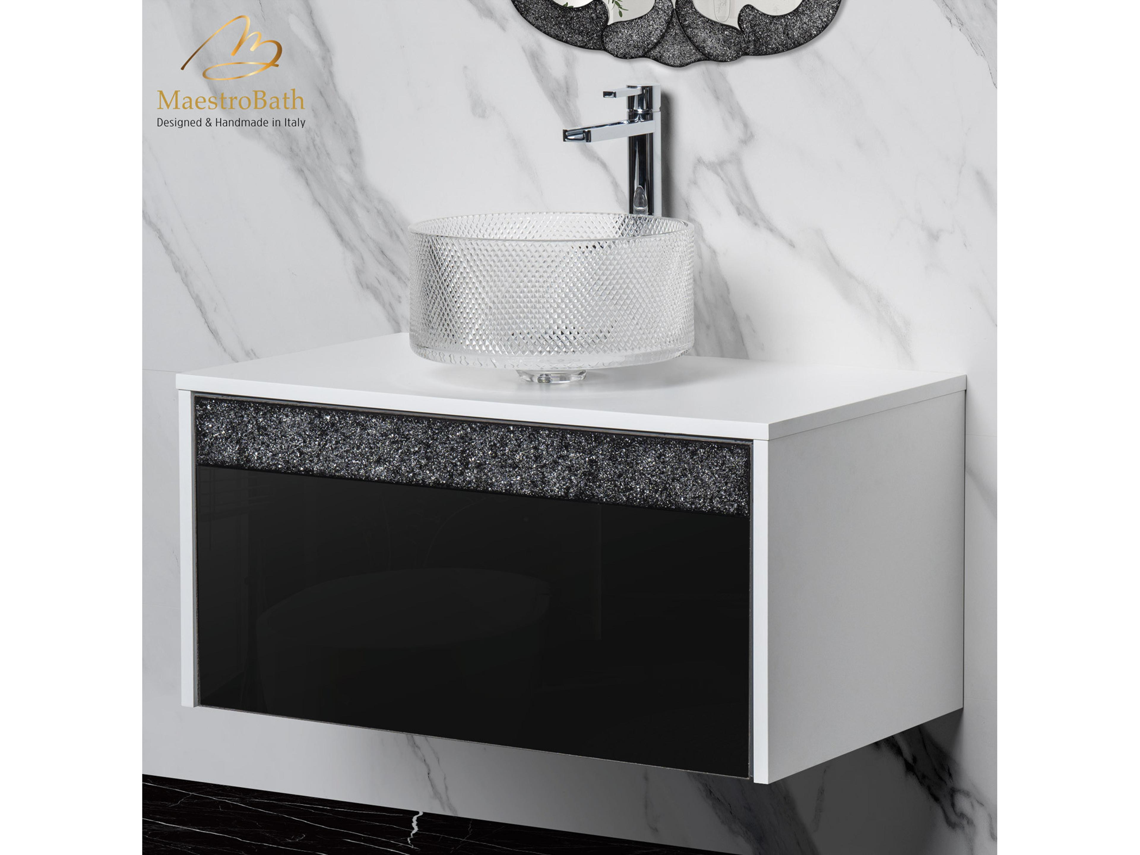 Maestro BathSerafina Modern Single Vanity 32"  Durable Wood And Murano Crystals  White And Black