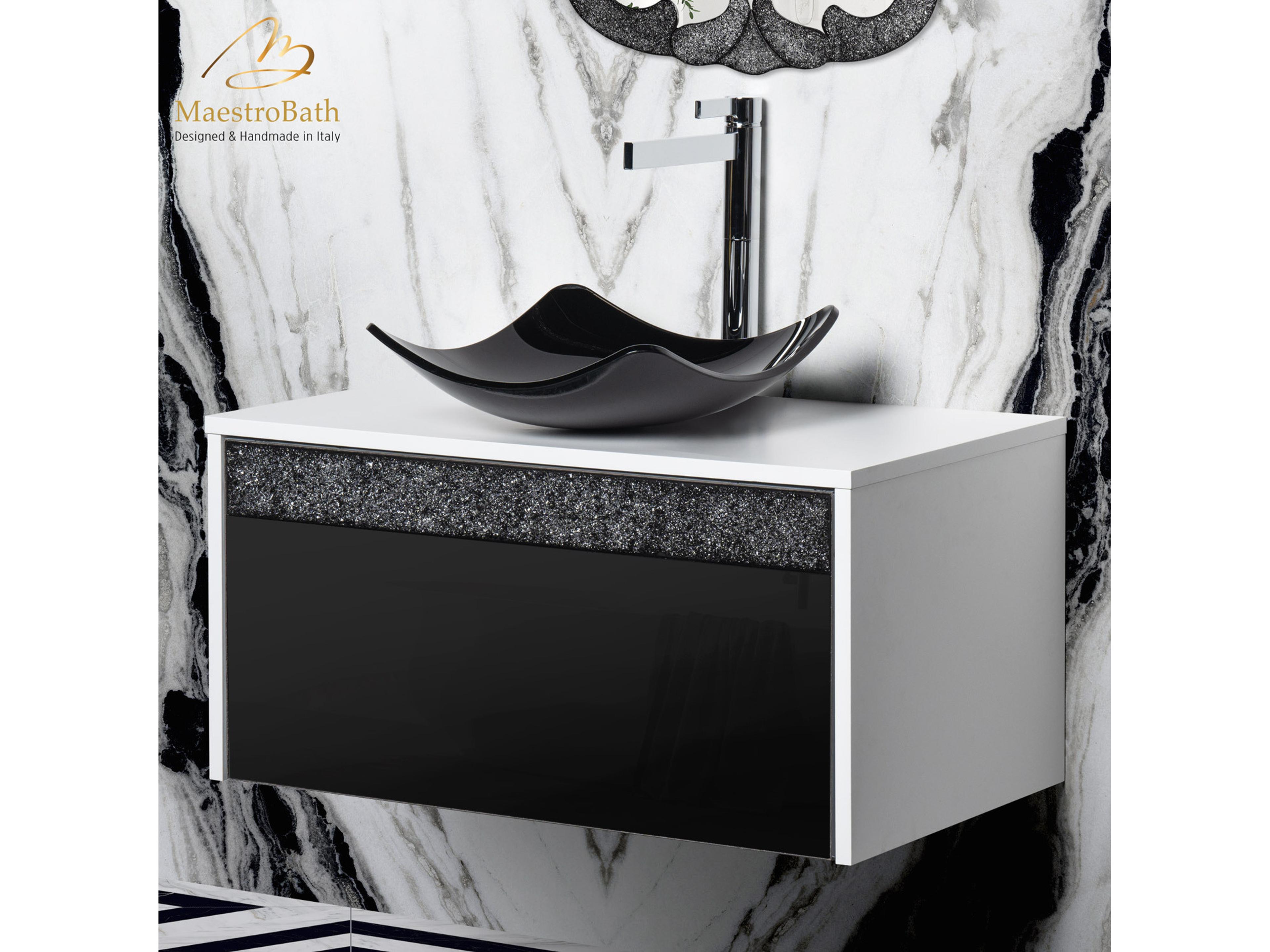Maestro BathSerafina Modern Single Vanity 32"  Durable Wood And Murano Crystals  White And Black