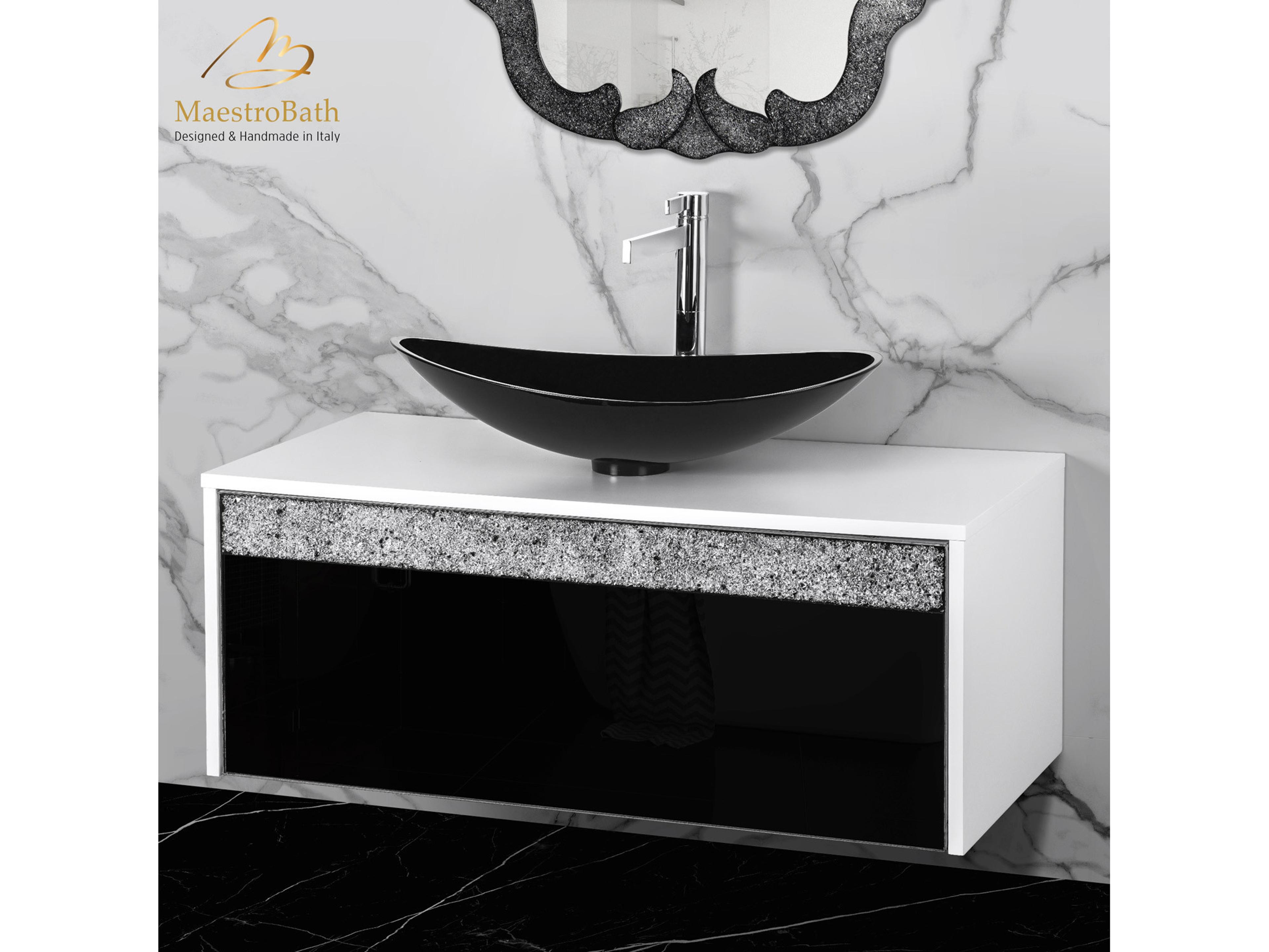 Serafina Modern Single Vanity 40"  Durable Wood And Murano Crystals  White And Black