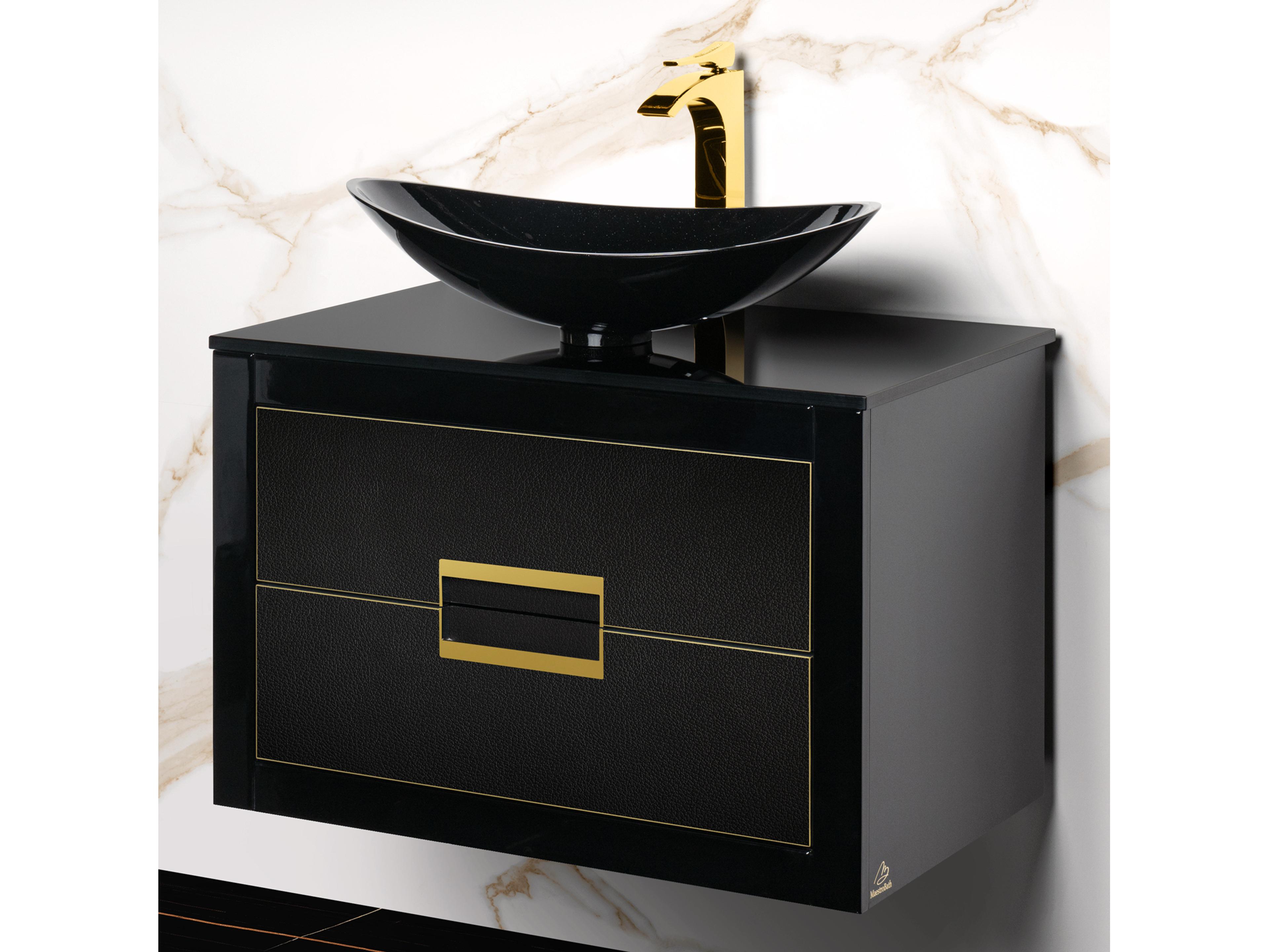 Maestro BathIncantesimo 24" Modern Bathroom Vanity  Black And Gold  Wall-Mounted  Glass Top: Flat