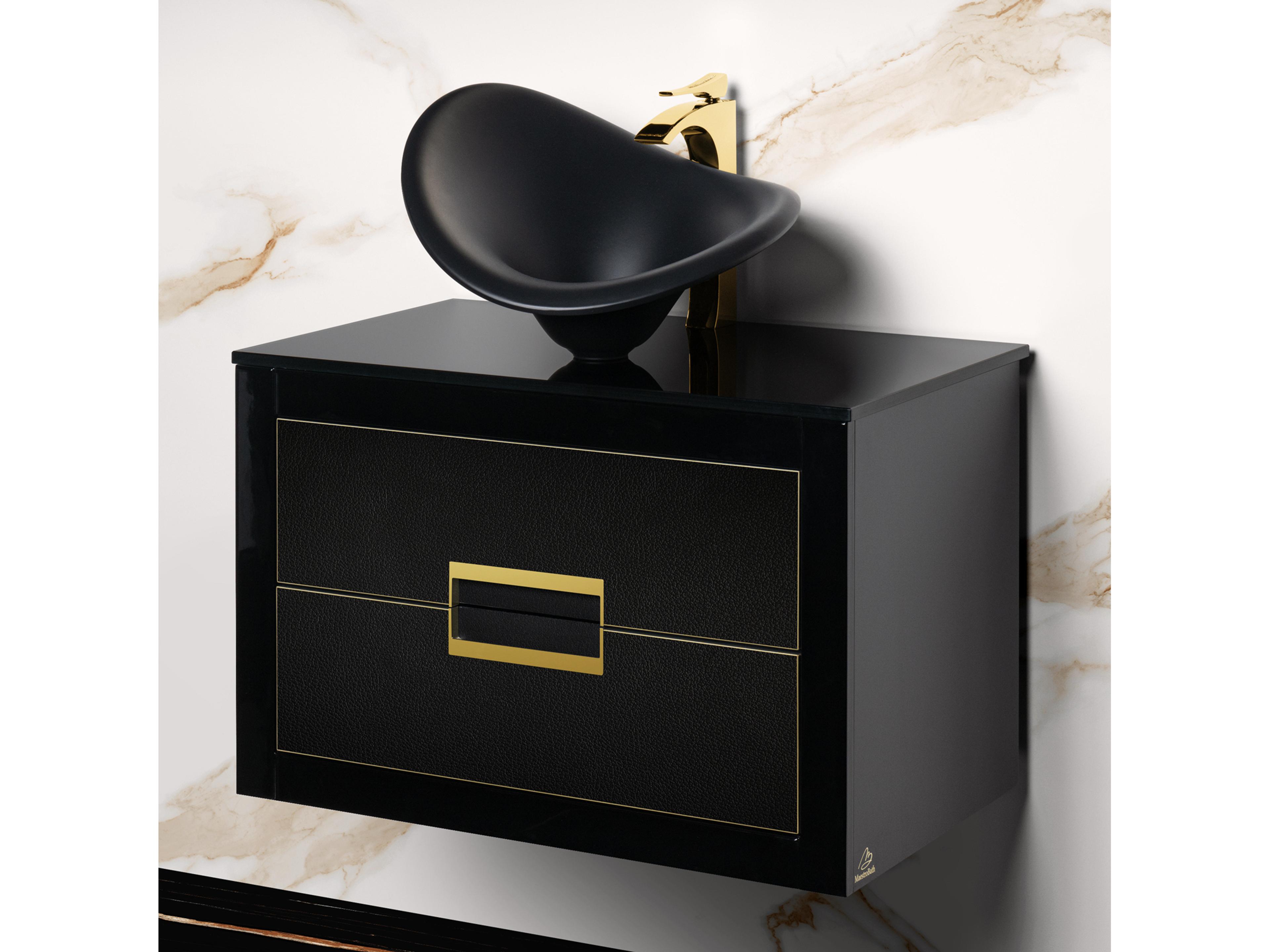 Incantesimo 32" Modern Bathroom Vanity  Black And Gold  Wall-Mounted  Glass Top: Flat