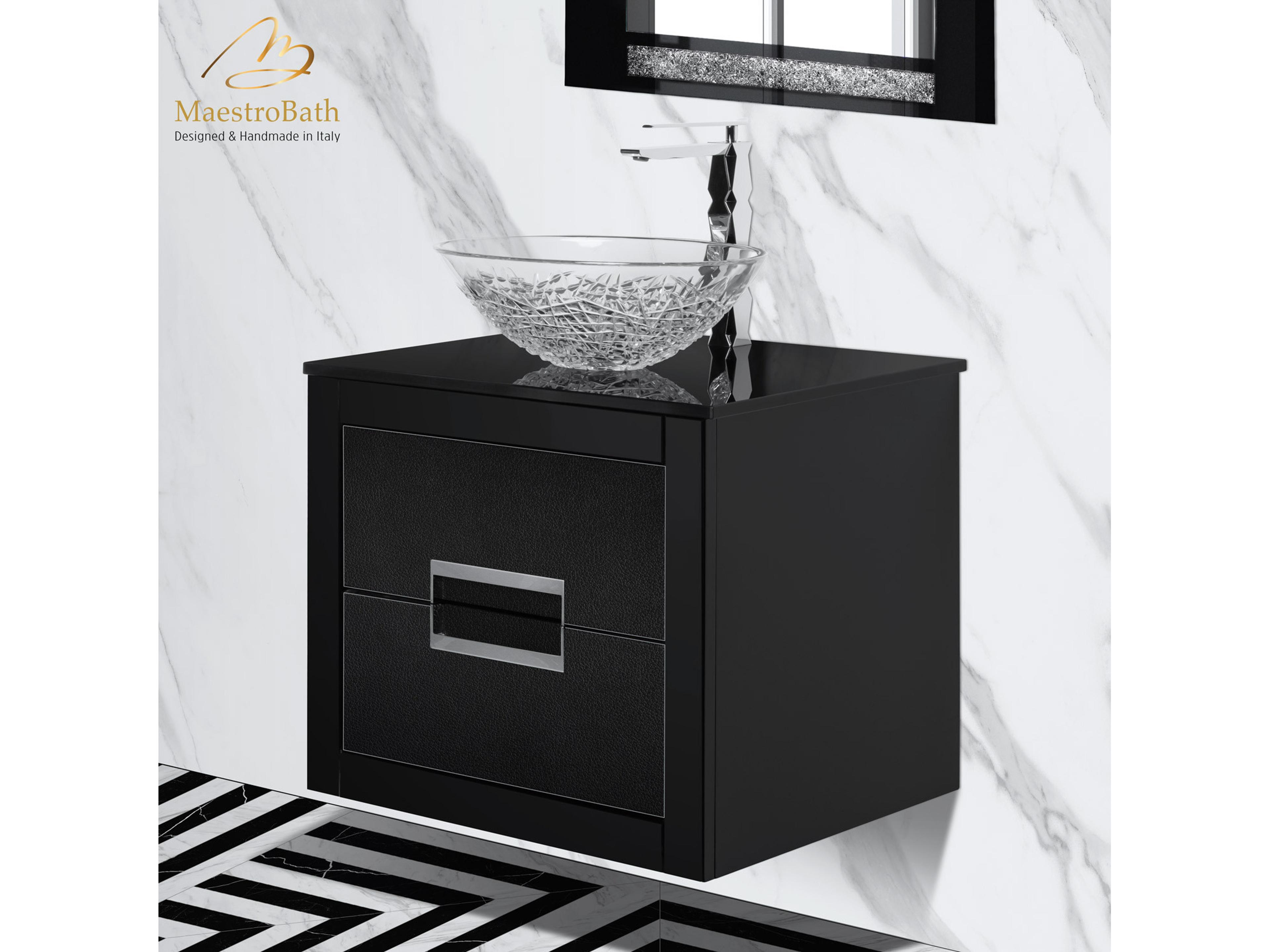 Maestro BathIncantesimo 24" Modern Bathroom Vanity  Black And Silver  Wall-Mounted  Glass Top: Flat