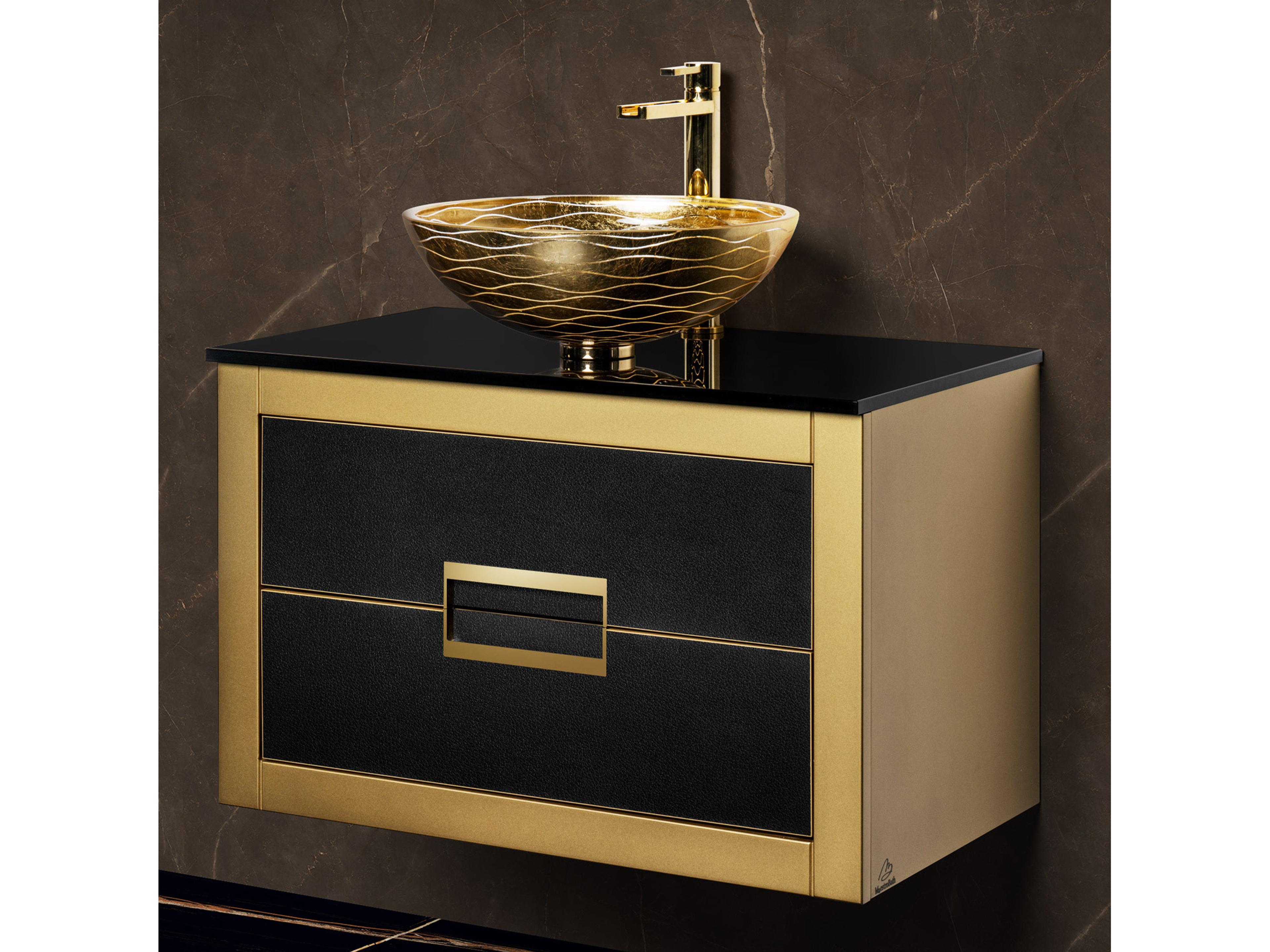 Incantesimo 32" Modern Bathroom Vanity  Gold And Black  Wall-Mounted  Glass Top: Flat