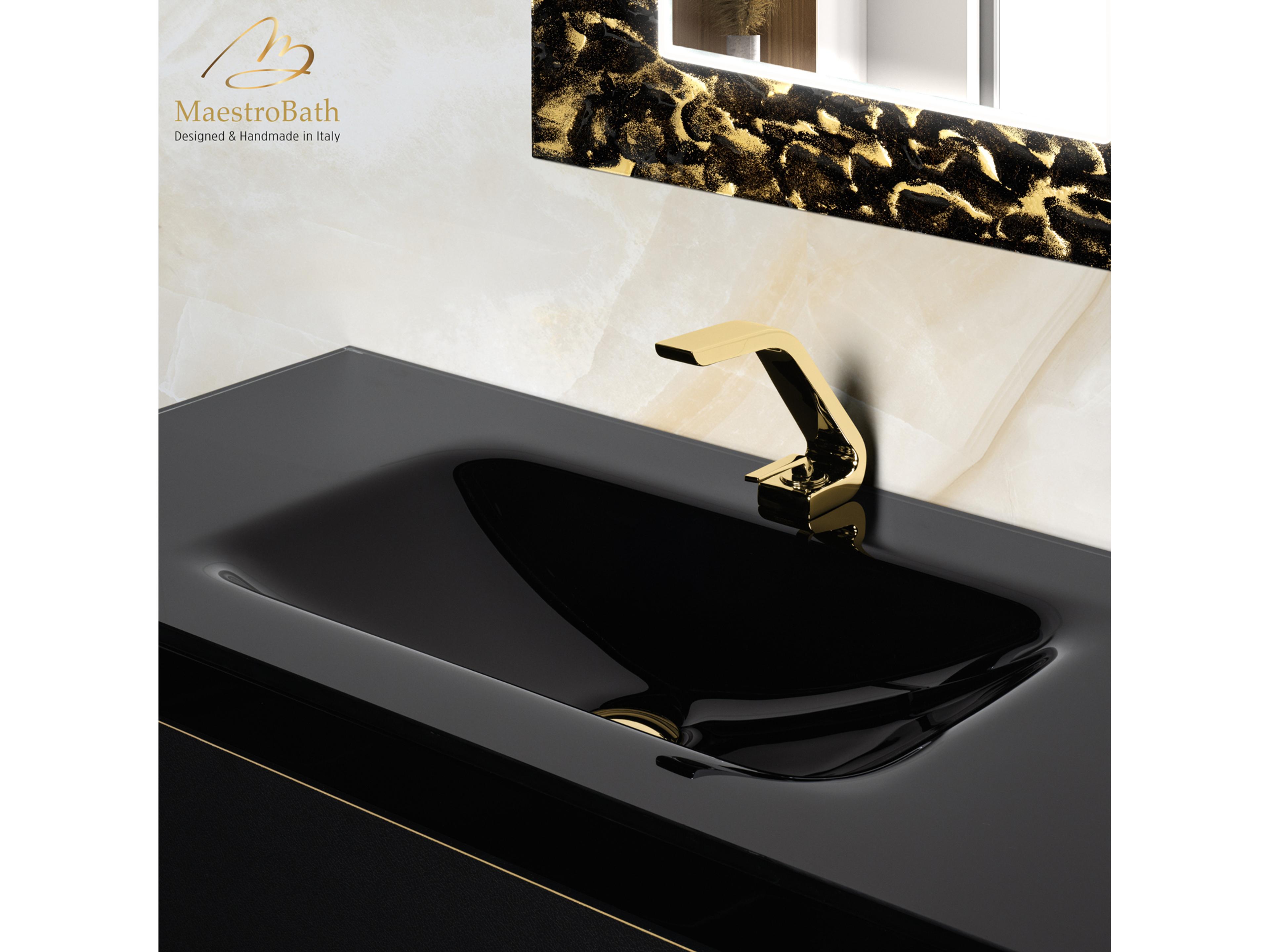 Maestro BathIncantesimo 40" Modern Bathroom Vanity  Black And Gold  Wall-Mounted  Glass Top: Integrated