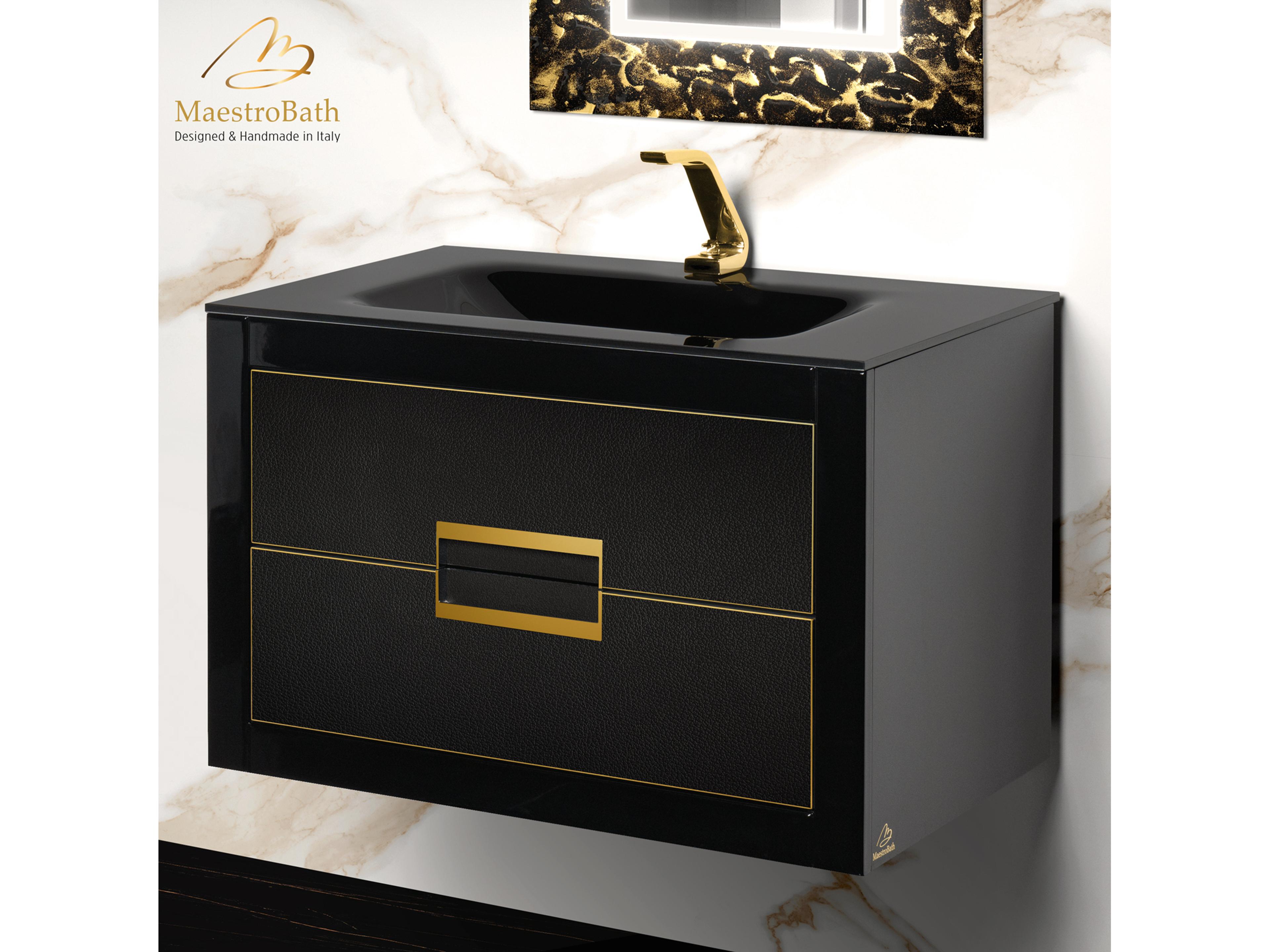 Incantesimo 32" Modern Bathroom Vanity  Black And Gold  Wall-Mounted  Glass Top: Integrated