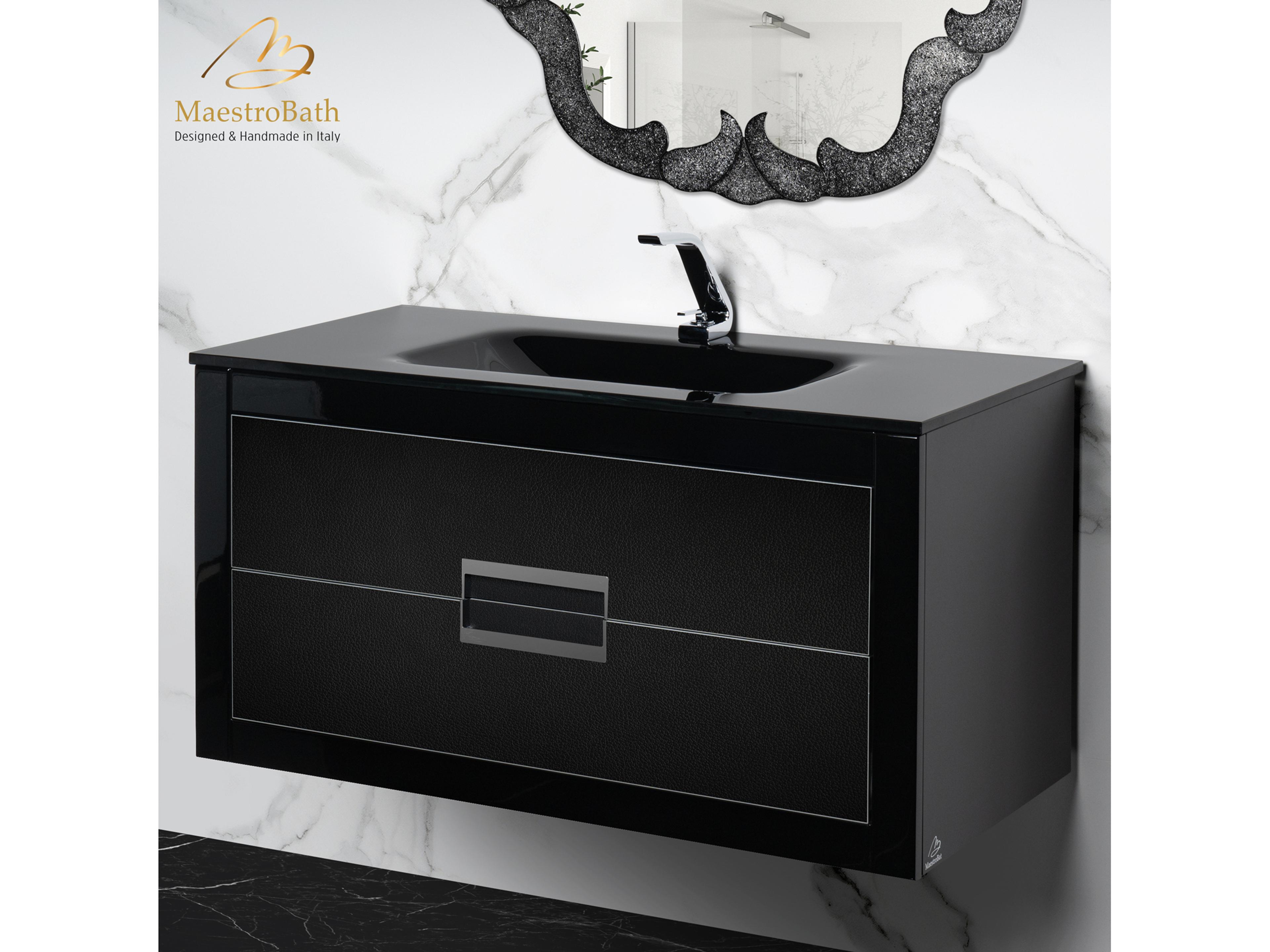 Incantesimo 40" Modern Bathroom Vanity  Black And Silver  Wall-Mounted  Glass Top: Integrated