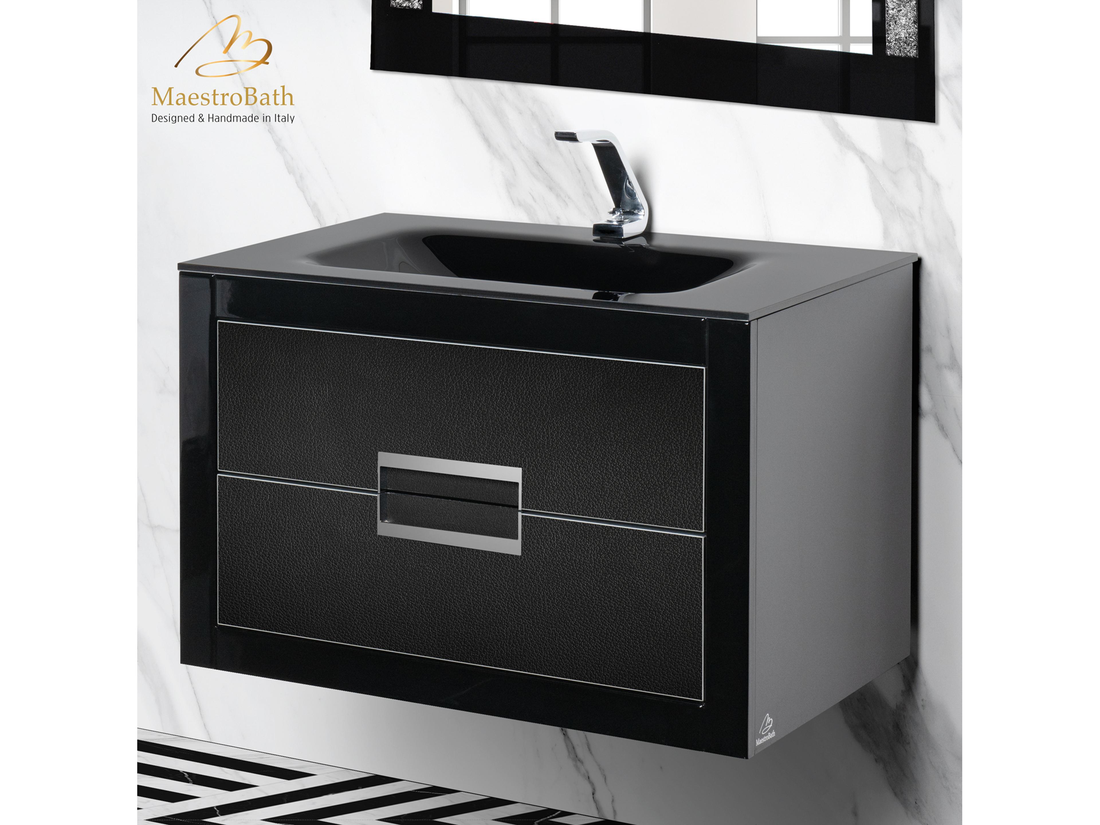 Incantesimo 32" Modern Bathroom Vanity  Black And Silver  Wall-Mounted  Glass Top: Integrated