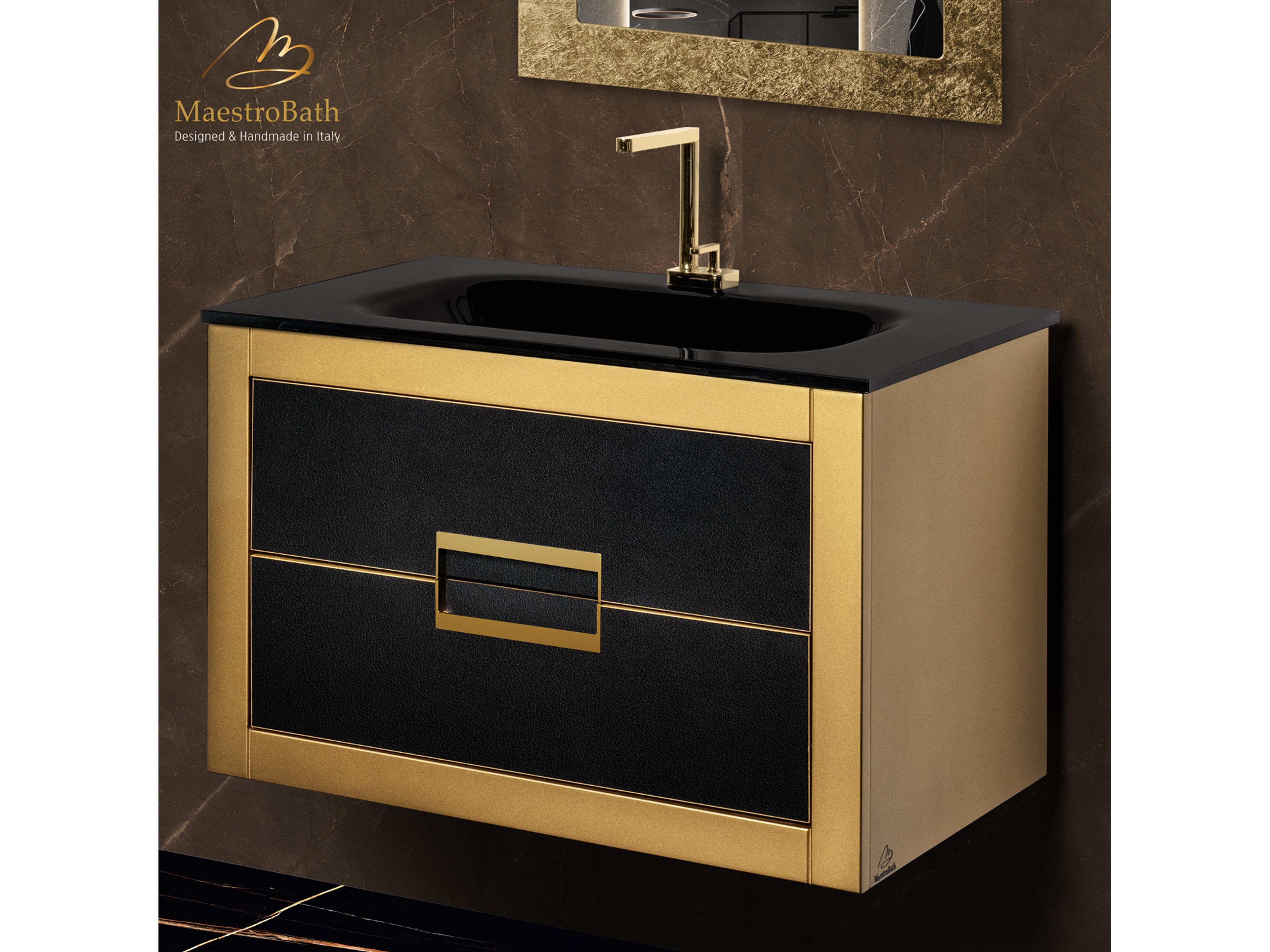 Incantesimo 32" Modern Bathroom Vanity  Gold And Black  Wall-Mounted  Glass Top: Integrated