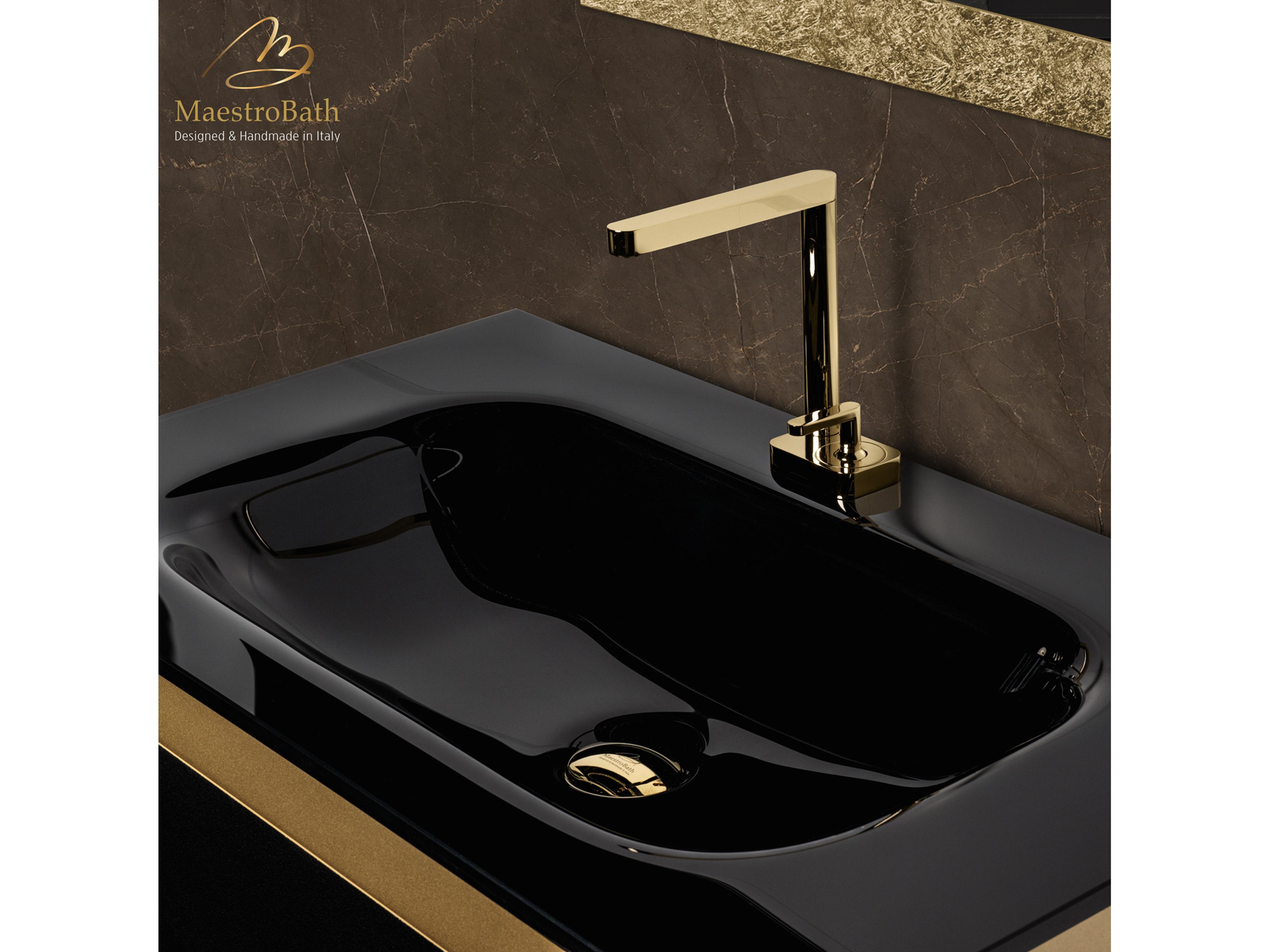 Maestro BathIncantesimo 32" Modern Bathroom Vanity  Gold And Black  Wall-Mounted  Glass Top: Integrated