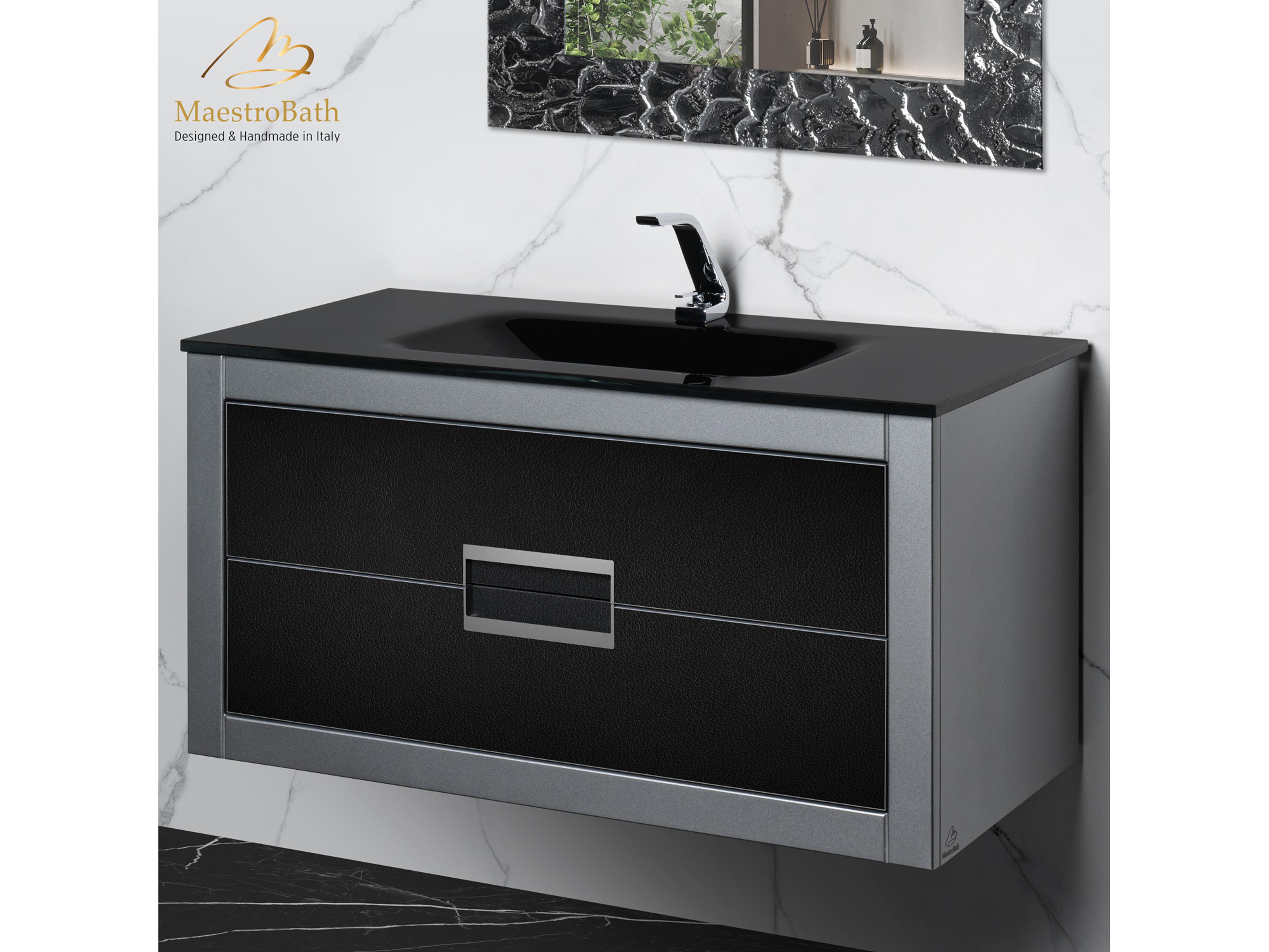 Incantesimo 40" Modern Bathroom Vanity  Silver And Black  Wall-Mounted  Glass Top: Integrated