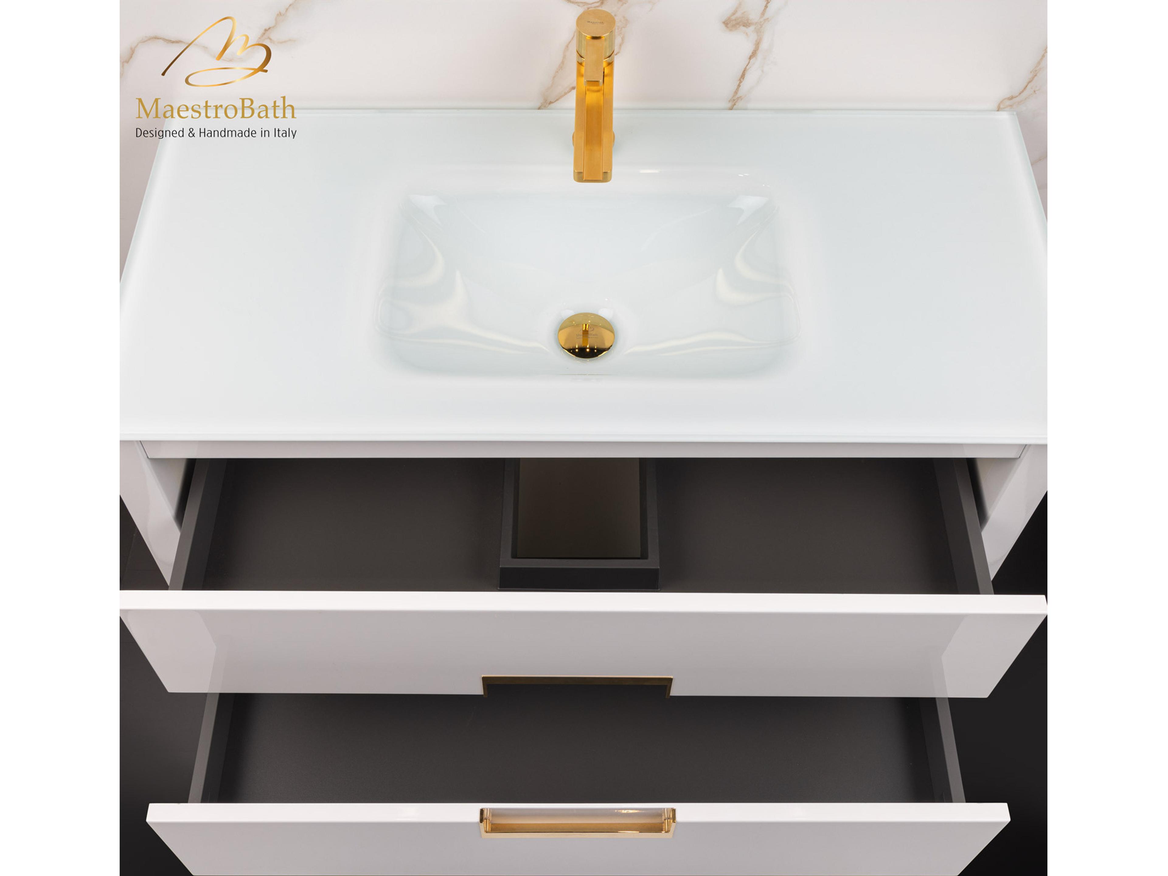 Maestro BathIncantesimo 40" Modern Bathroom Vanity  White And Gold  Wall-Mounted  Glass Top: Integrated