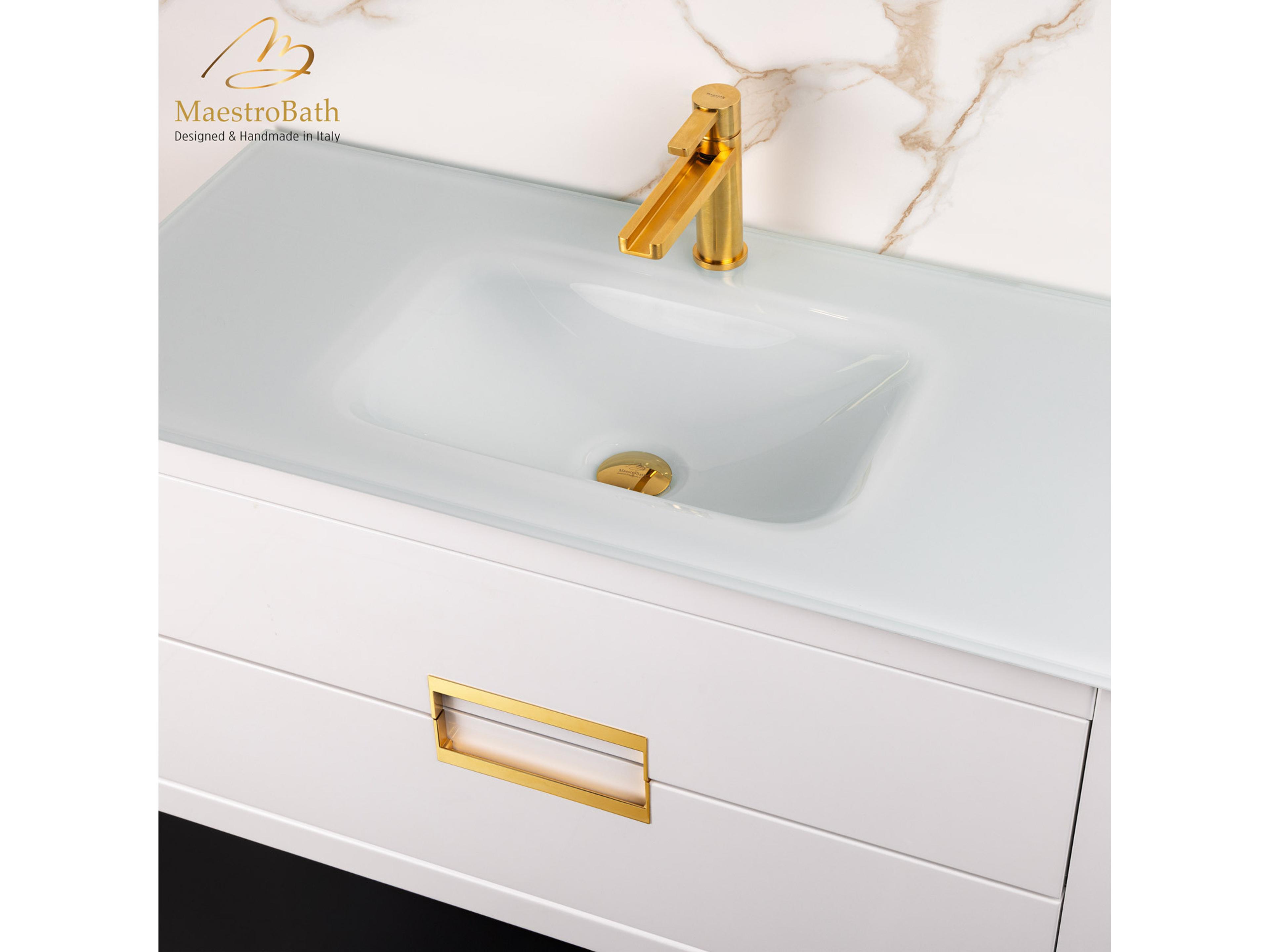 Maestro BathIncantesimo 40" Modern Bathroom Vanity  White And Gold  Wall-Mounted  Glass Top: Integrated