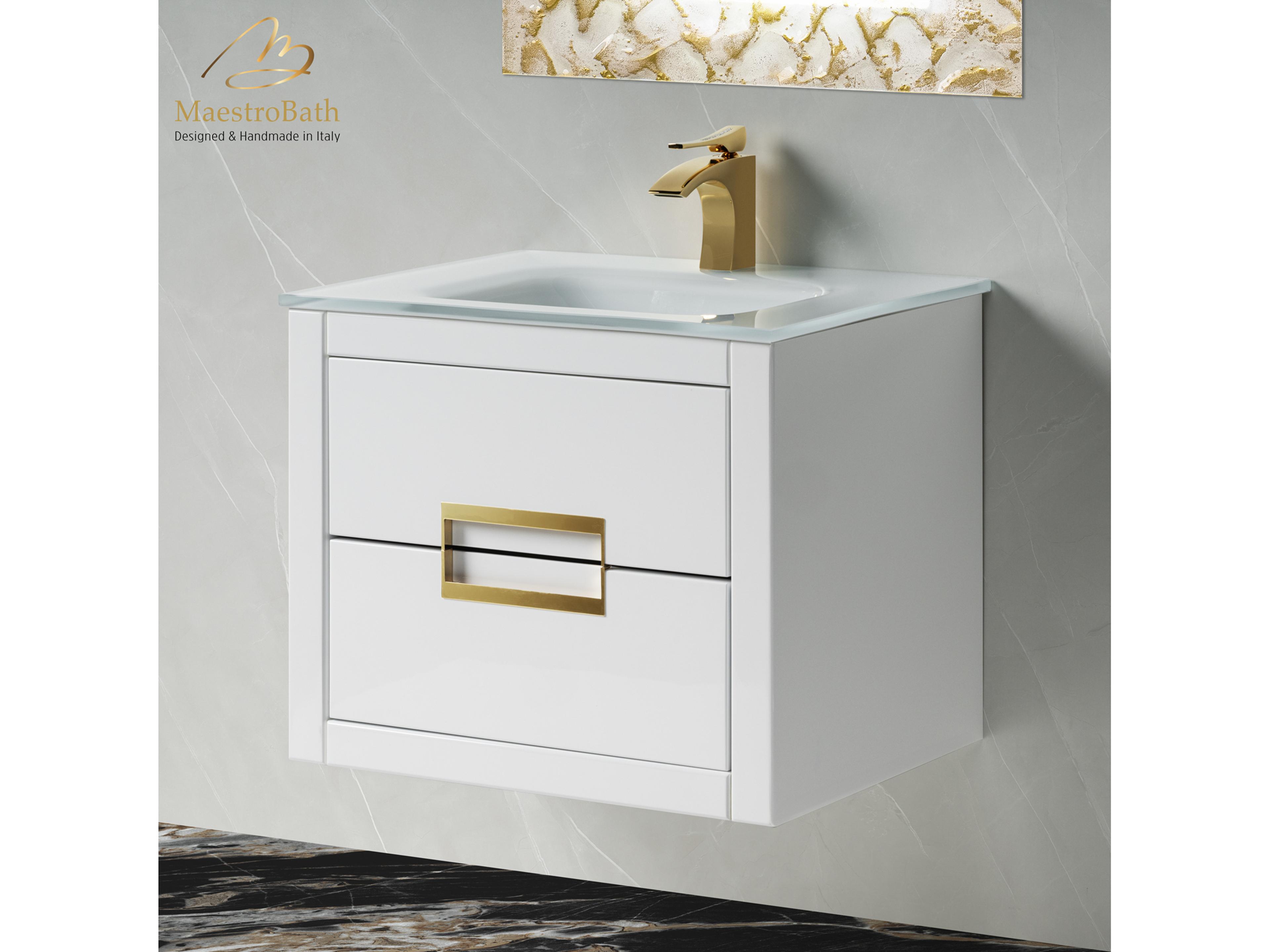 Incantesimo 24" Modern Bathroom Vanity  White And Gold  Wall-Mounted  Glass Top: Integrated