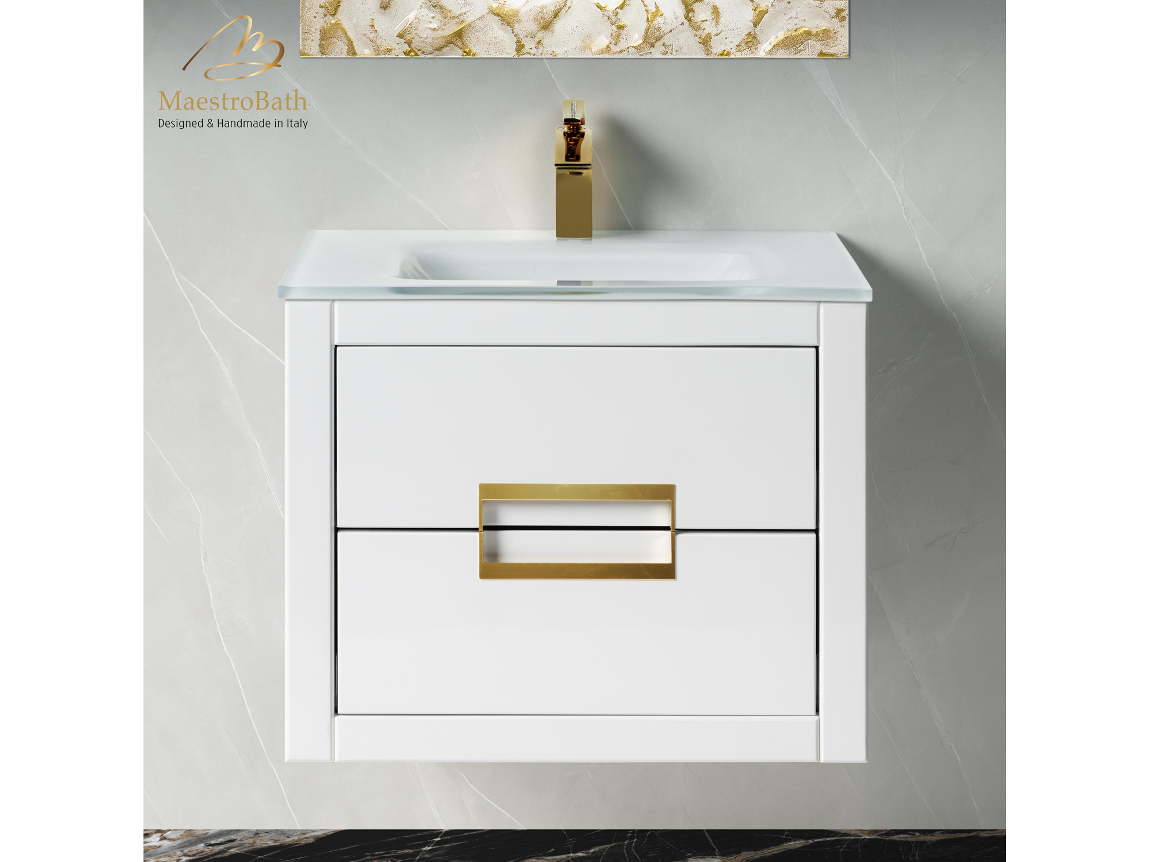Maestro BathIncantesimo 24" Modern Bathroom Vanity  White And Gold  Wall-Mounted  Glass Top: Integrated