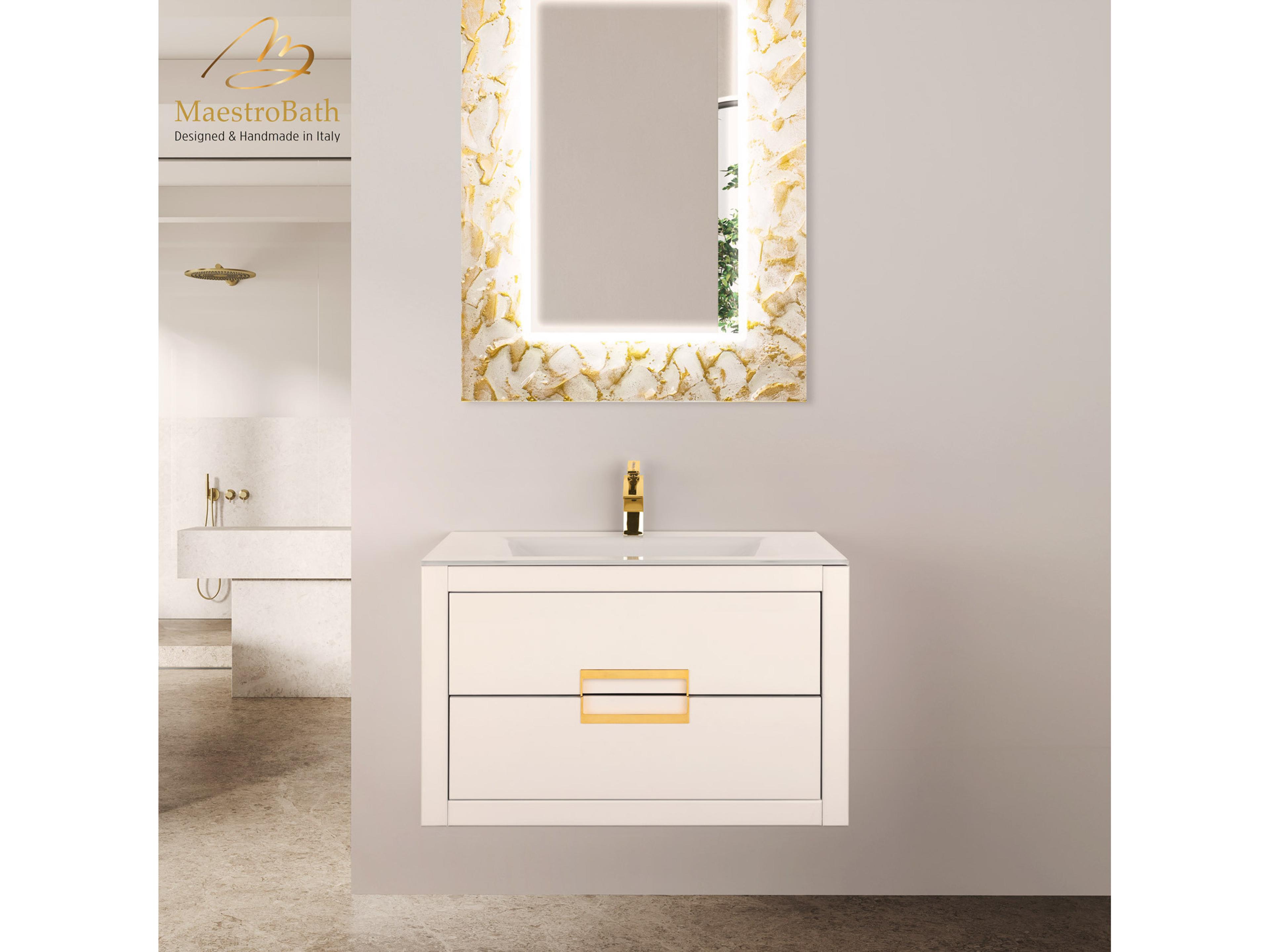 Maestro BathIncantesimo 32" Modern Bathroom Vanity  White And Gold  Wall-Mounted  Glass Top: Integrated
