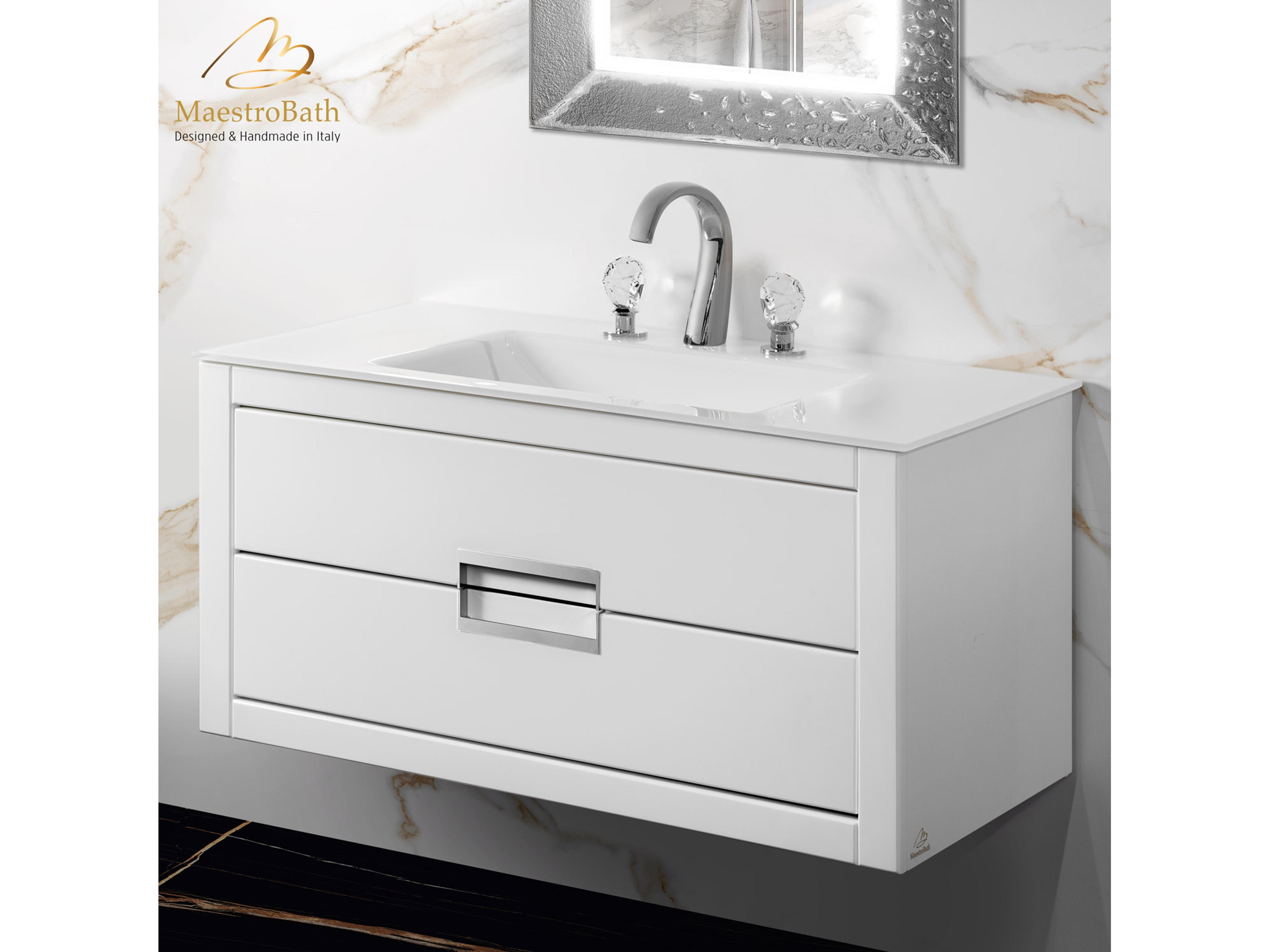 Incantesimo 40" Modern Bathroom Vanity  White And Silver  Wall-Mounted  Glass Top: Integrated