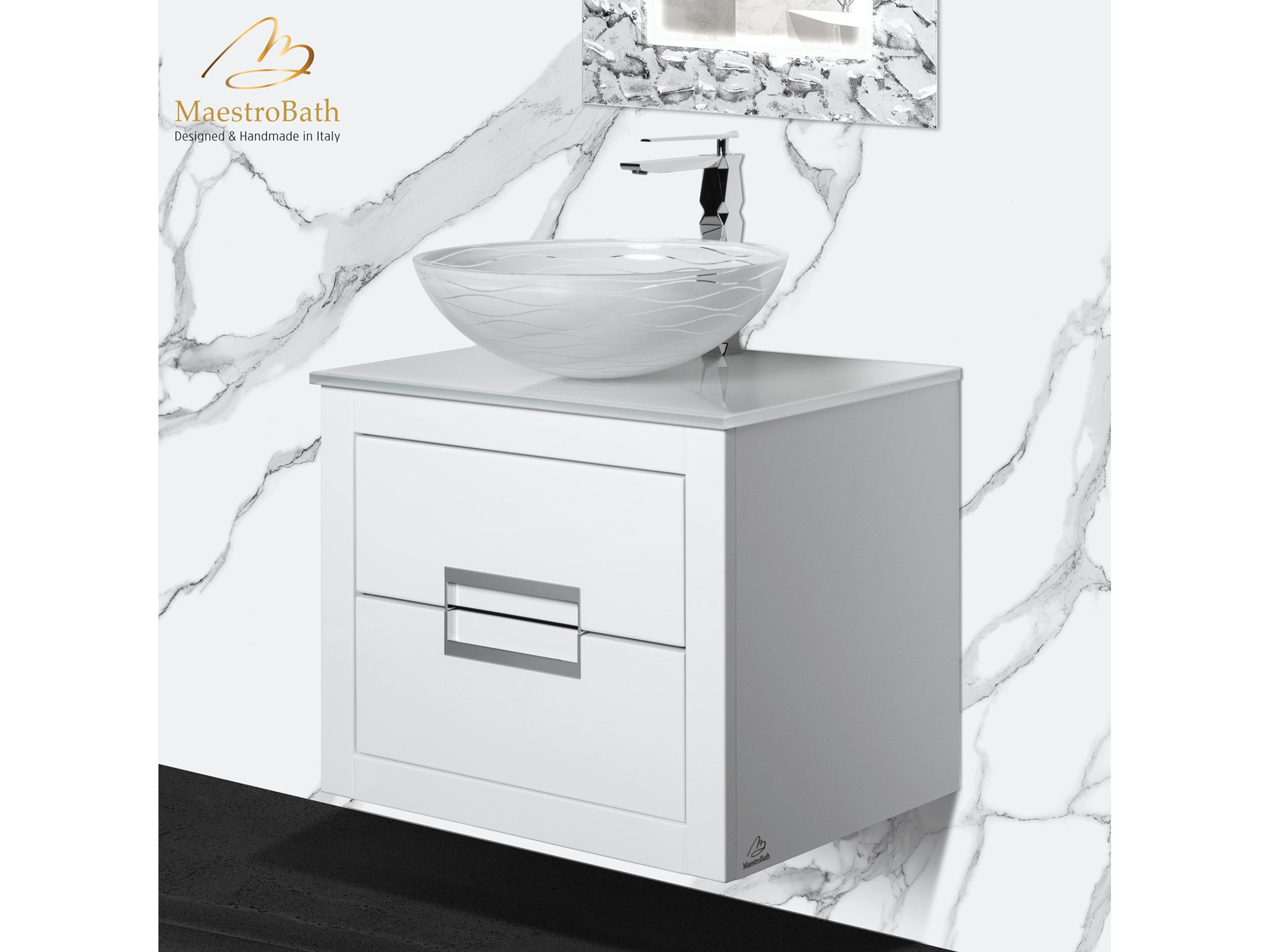 Incantesimo 24" Modern Bathroom Vanity  White And Silver  Wall-Mounted  Glass Top: Integrated