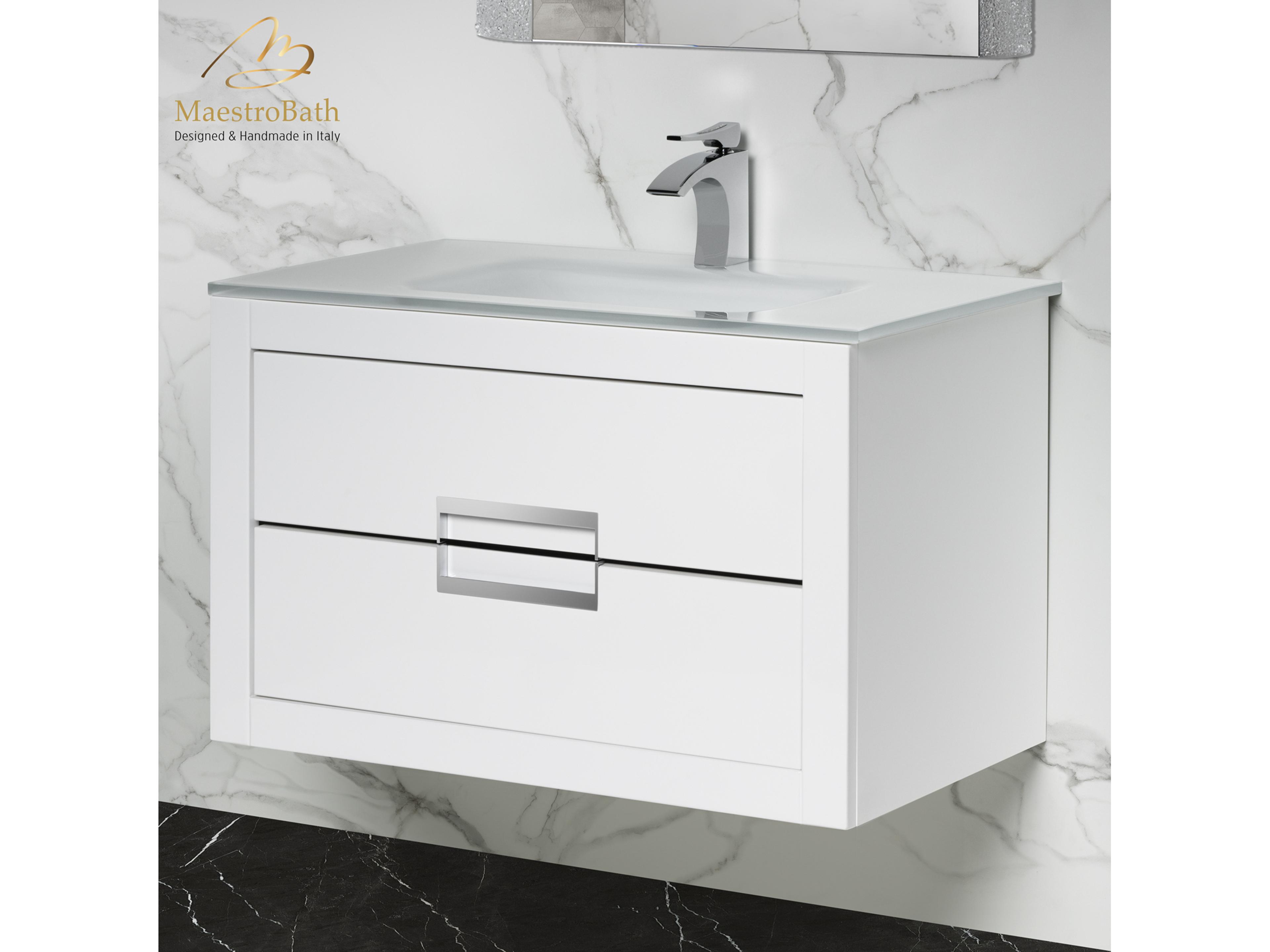 Incantesimo 32" Modern Bathroom Vanity  White And Silver  Wall-Mounted  Glass Top: Integrated