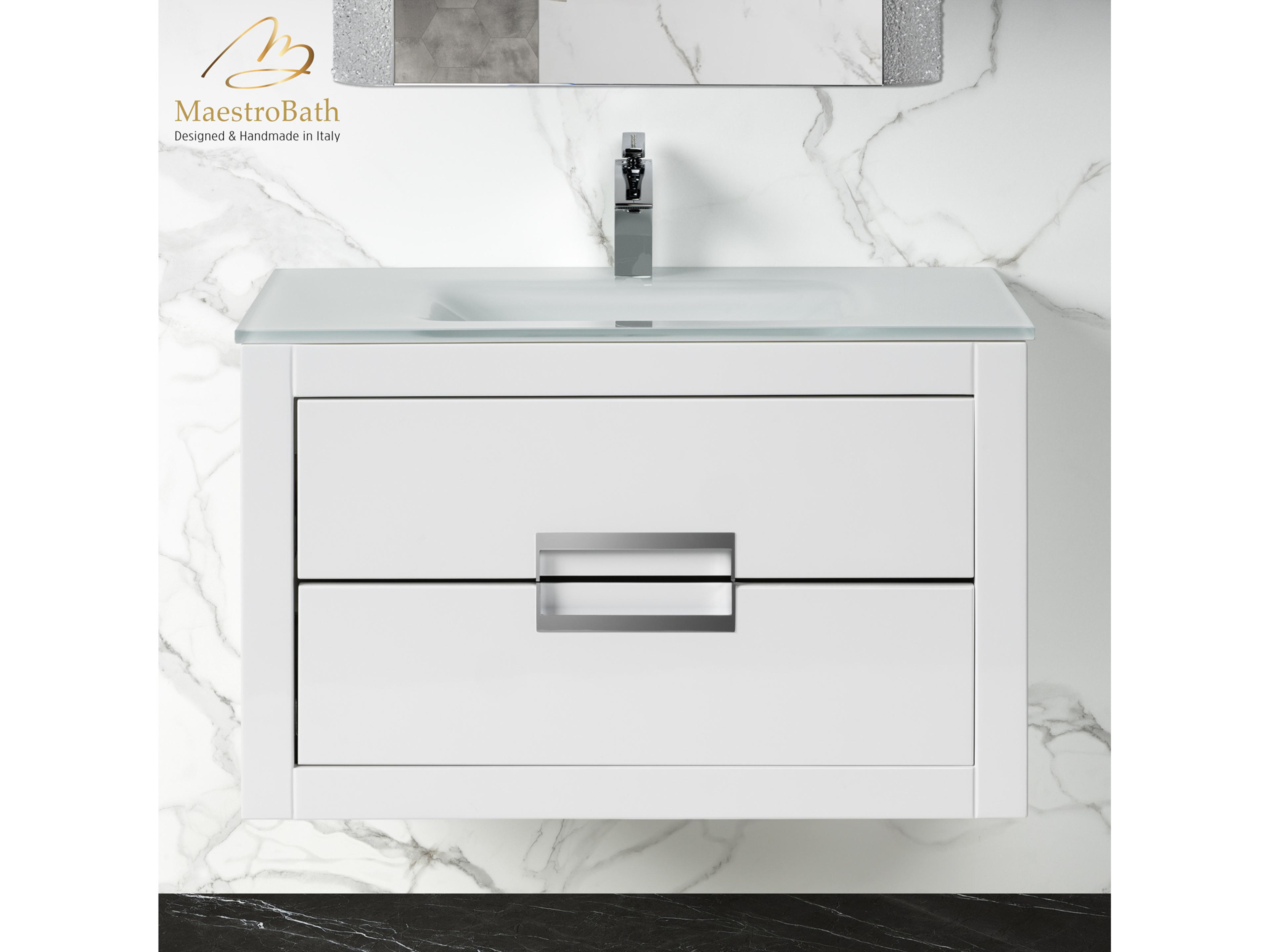 Maestro BathIncantesimo 32" Modern Bathroom Vanity  White And Silver  Wall-Mounted  Glass Top: Integrated