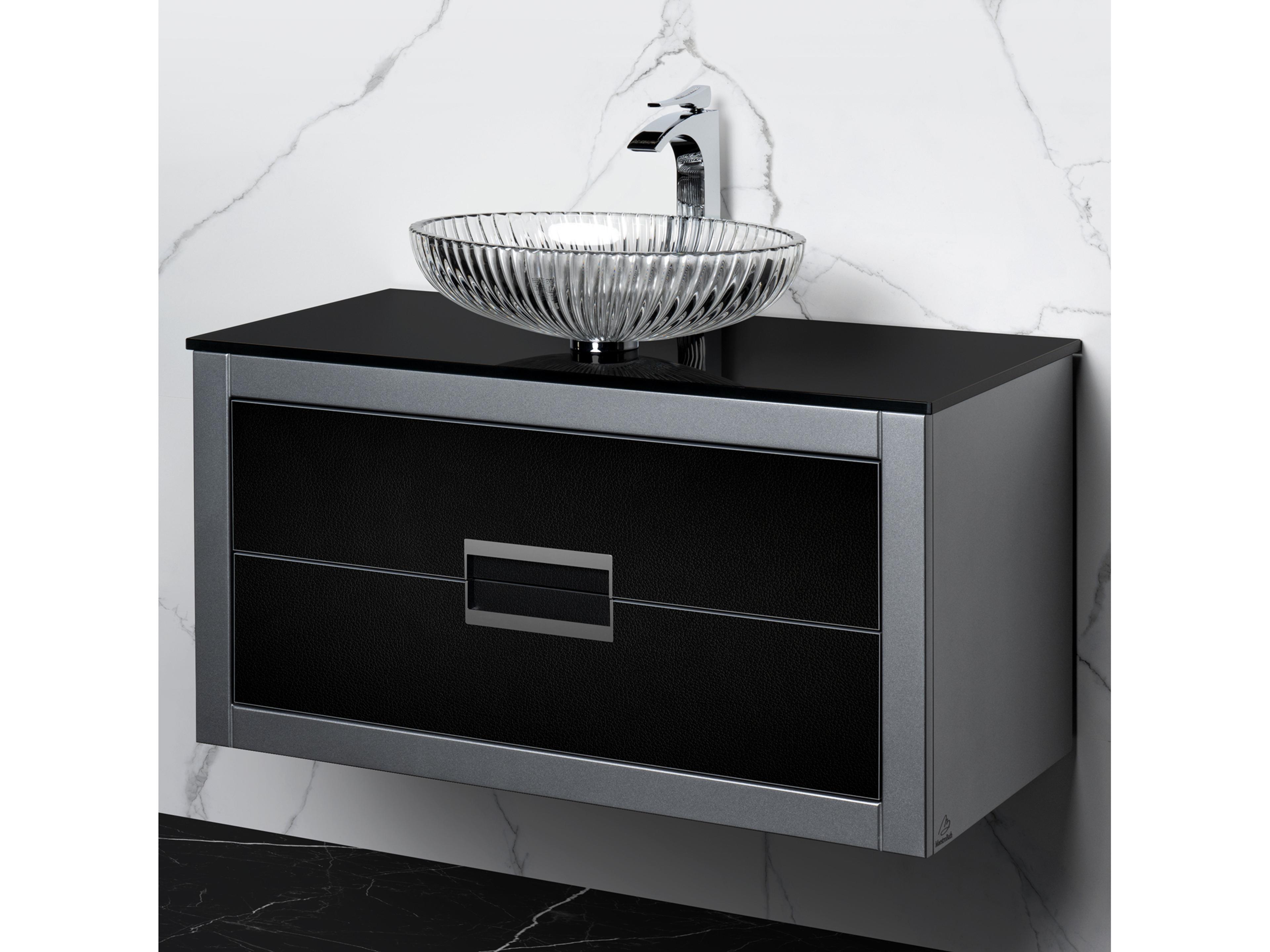 Incantesimo 40" Modern Bathroom Vanity  Silver And Black  Wall-Mounted  Glass Top: Flat