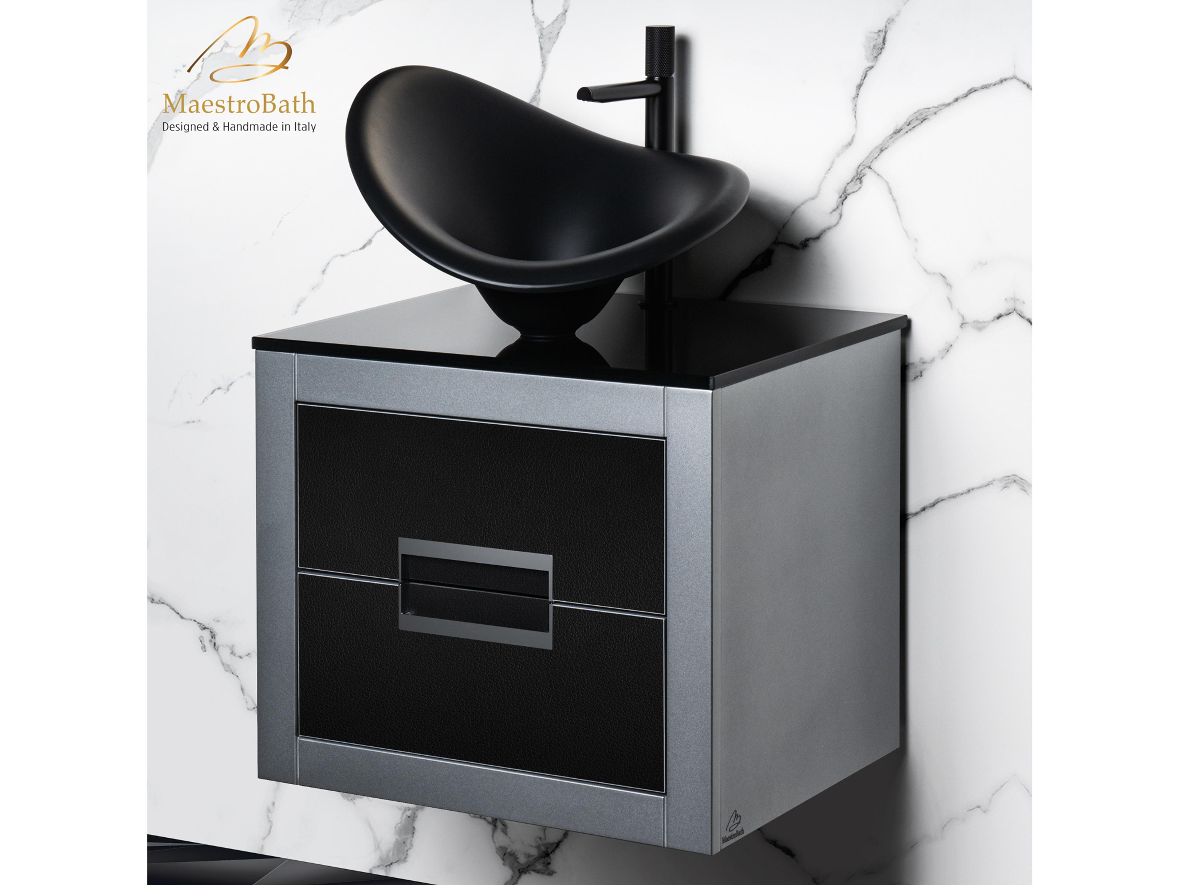 Incantesimo 24" Modern Bathroom Vanity  Silver And Black  Wall-Mounted  Glass Top: Flat