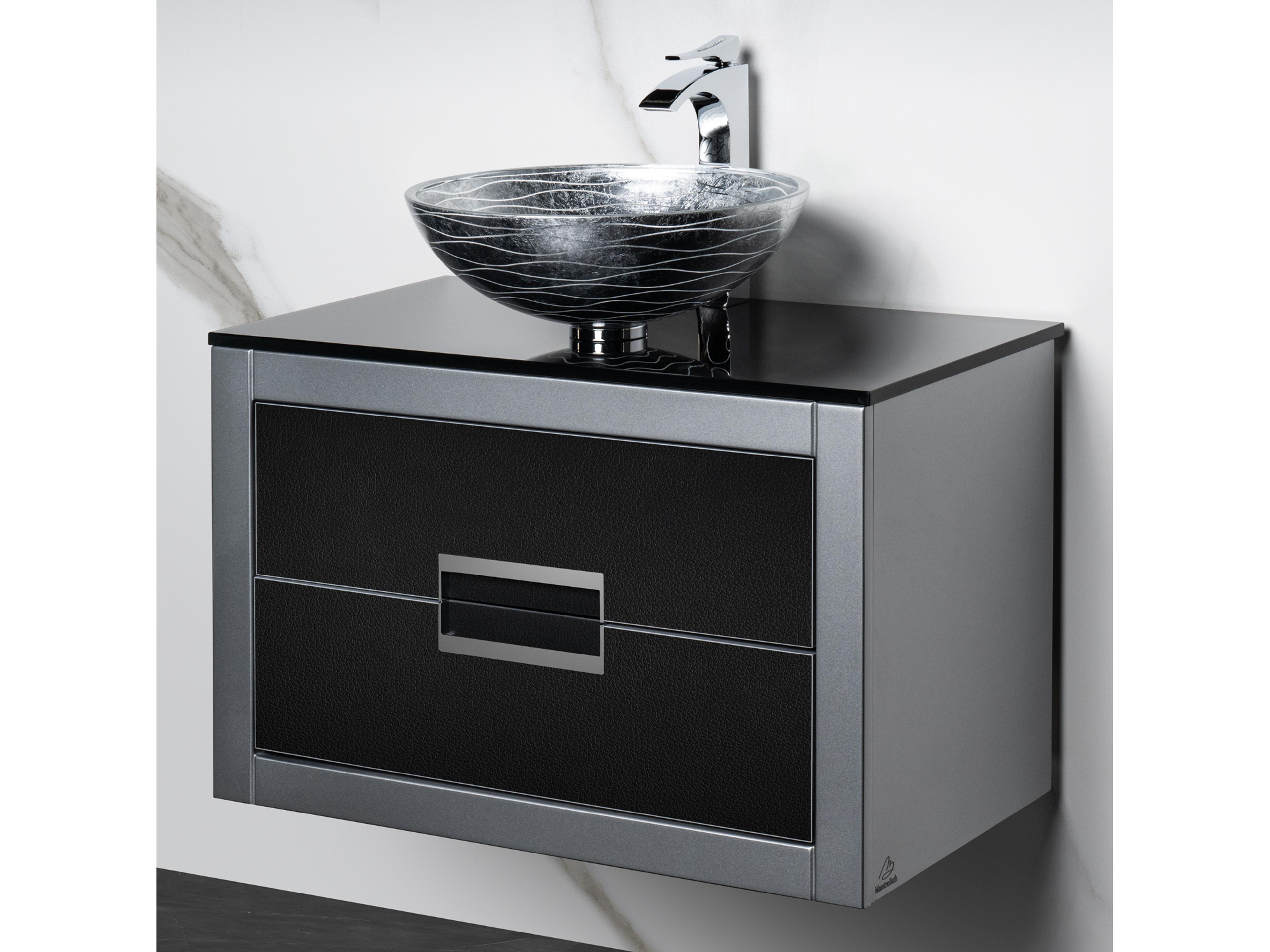 Incantesimo 32" Modern Bathroom Vanity  Silver And Black  Wall-Mounted  Glass Top: Flat