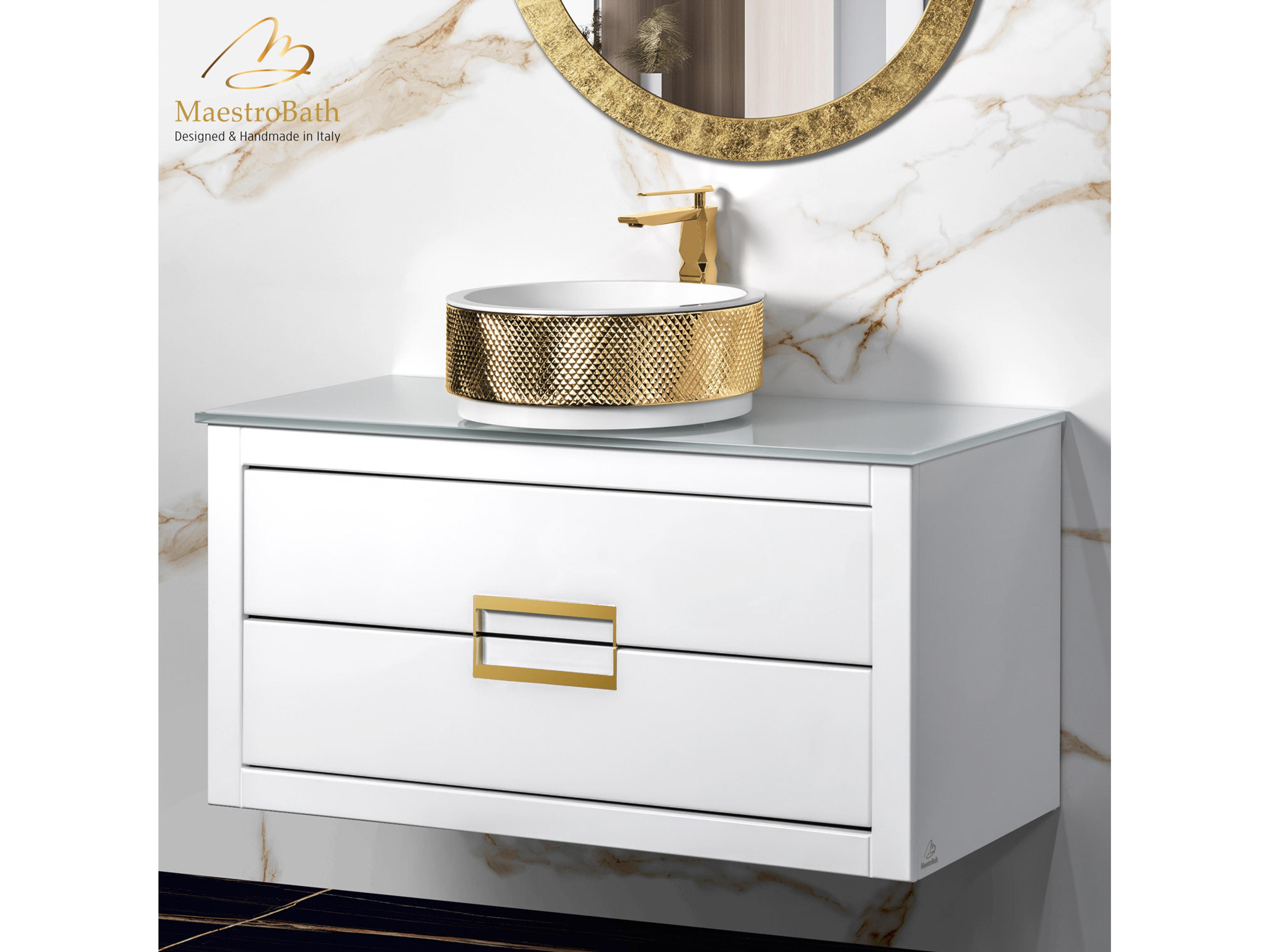 Incantesimo 40" Modern Bathroom Vanity  White And Gold  Wall-Mounted  Glass Top: Flat