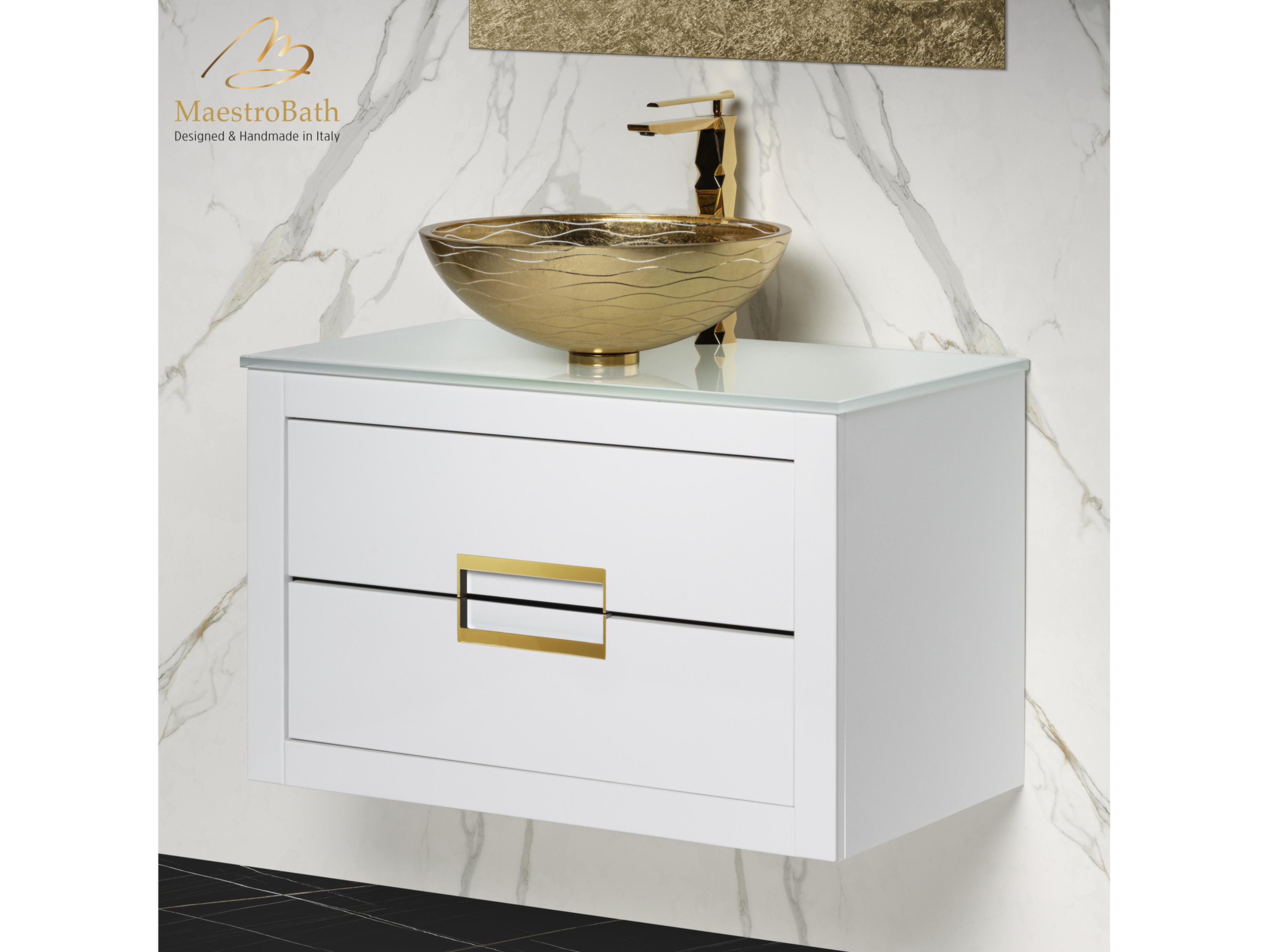 Incantesimo 32" Modern Bathroom Vanity  White And Gold  Wall-Mounted  Glass Top: Flat