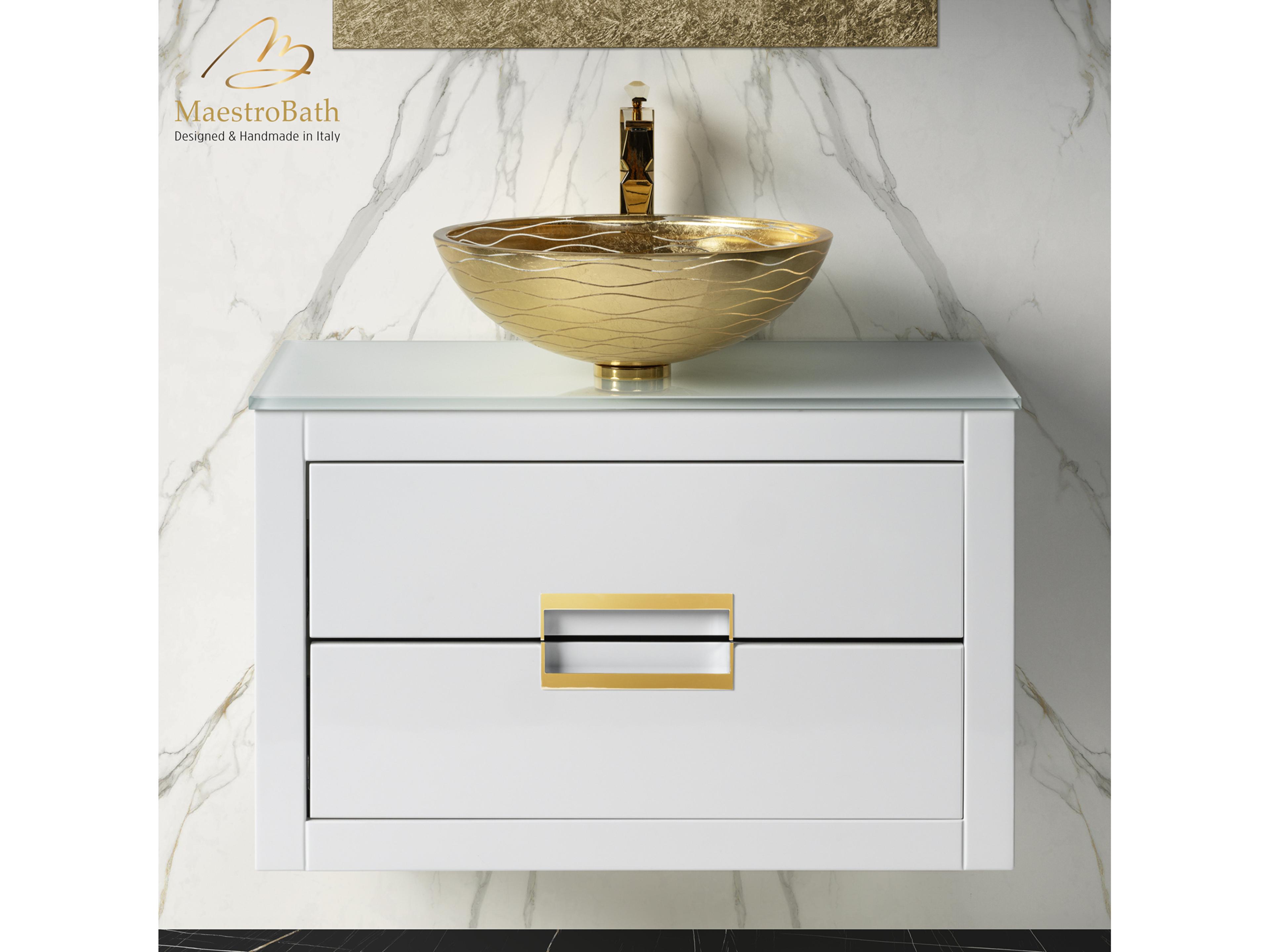 Maestro BathIncantesimo 32" Modern Bathroom Vanity  White And Gold  Wall-Mounted  Glass Top: Flat