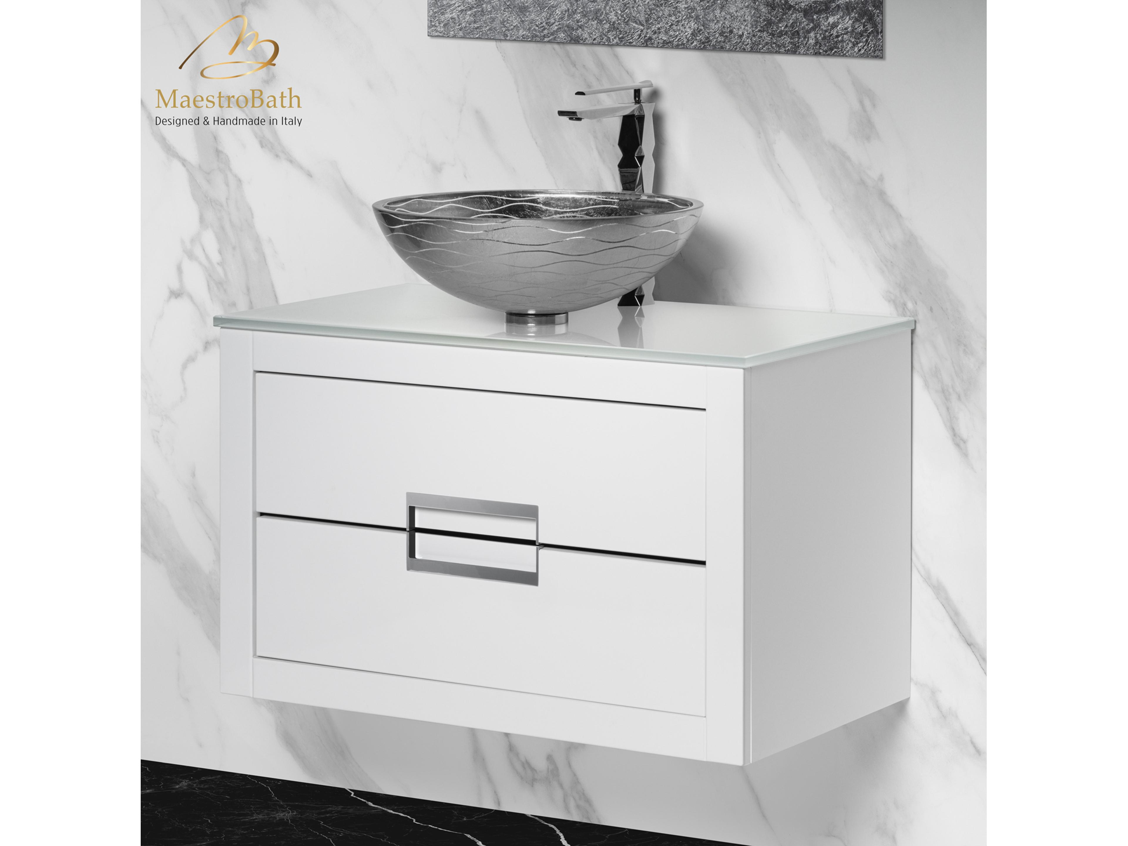 Incantesimo 40" Modern Bathroom Vanity  White And Silver  Wall-Mounted  Glass Top: Flat