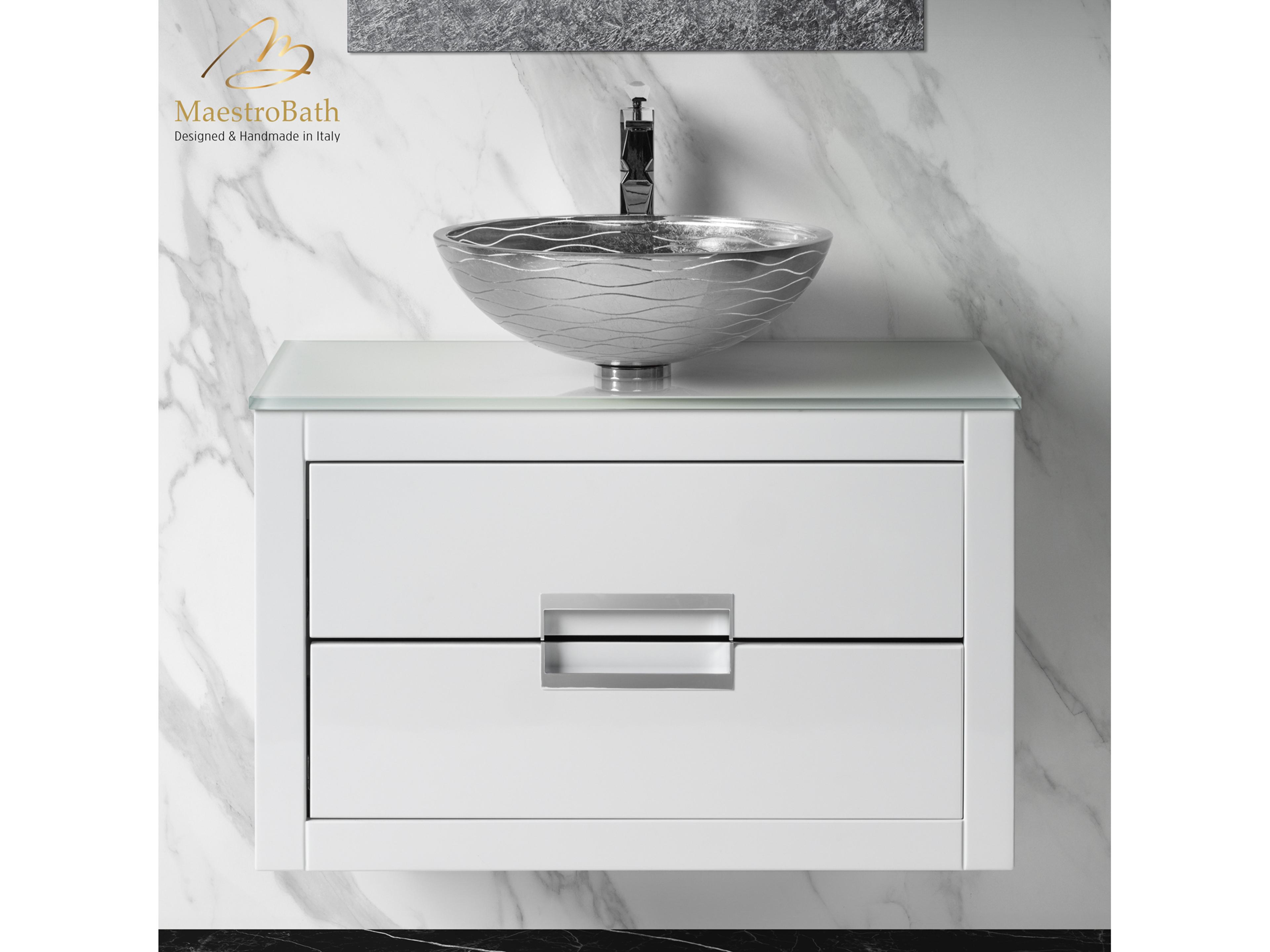 Maestro BathIncantesimo 32" Modern Bathroom Vanity  White And Silver  Wall-Mounted  Glass Top: Flat
