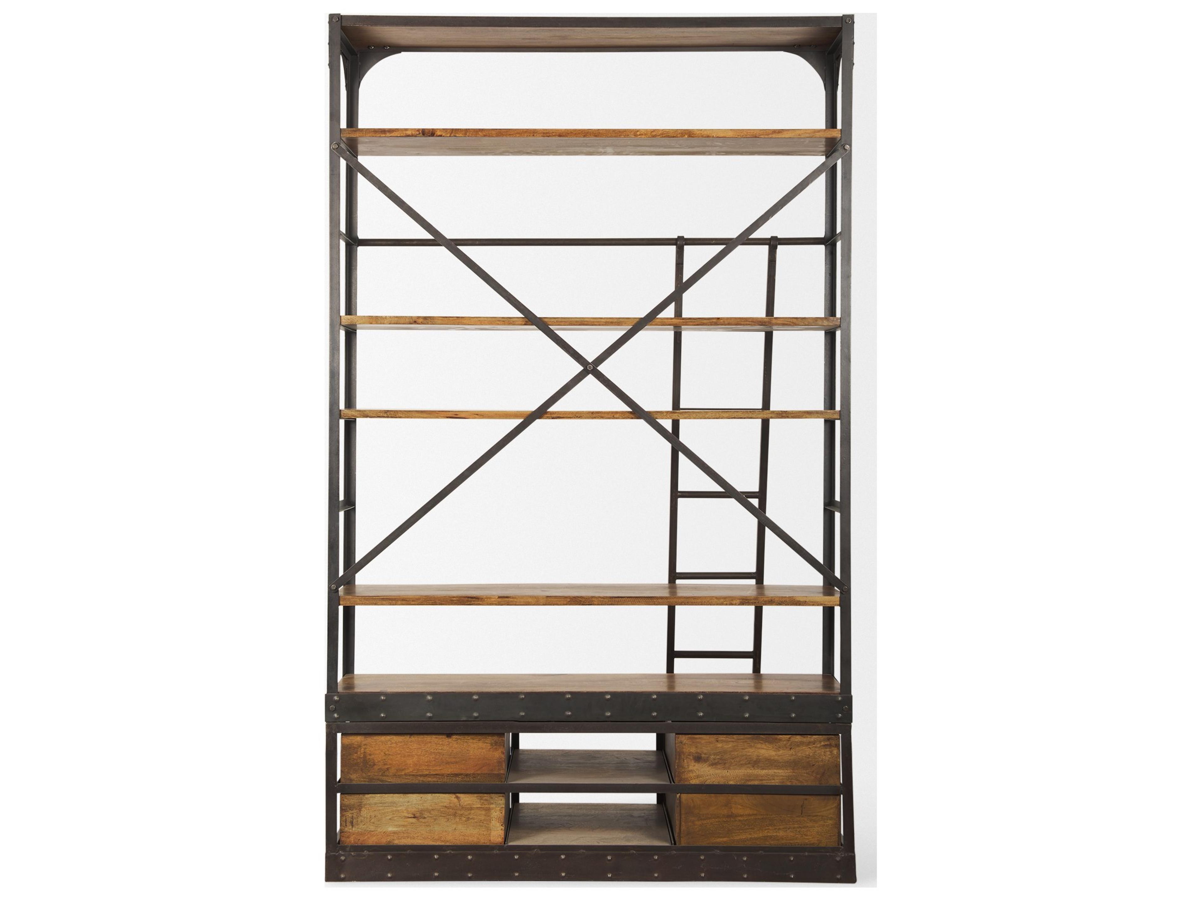 Mercana Brodie II Medium Brown Wood Black Ladder Four Shelf Shelving Unit 57L x 20.5W x94H