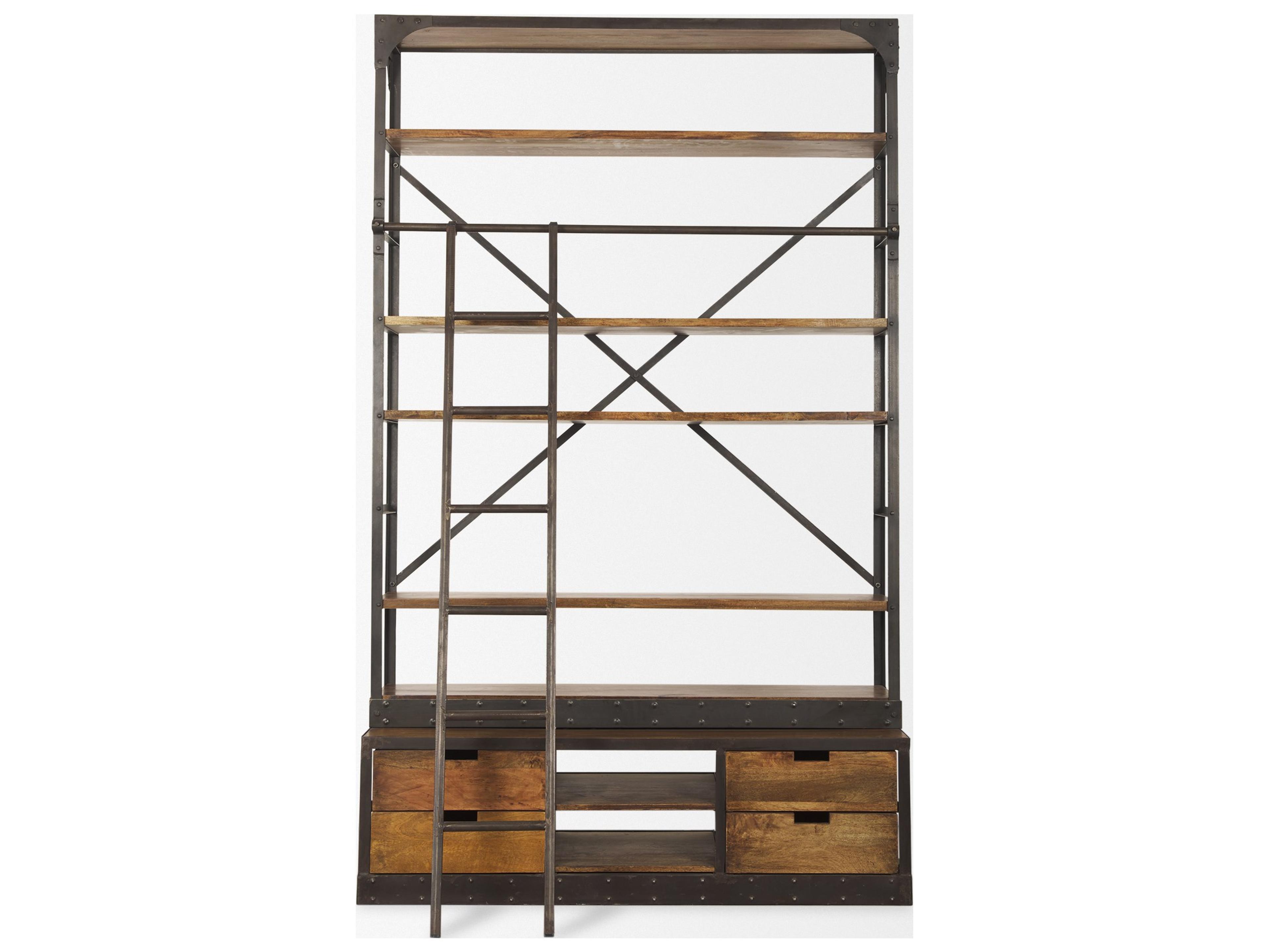 Mercana Brodie II Medium Brown Wood Black Ladder Four Shelf Shelving Unit 57L x 20.5W x94H