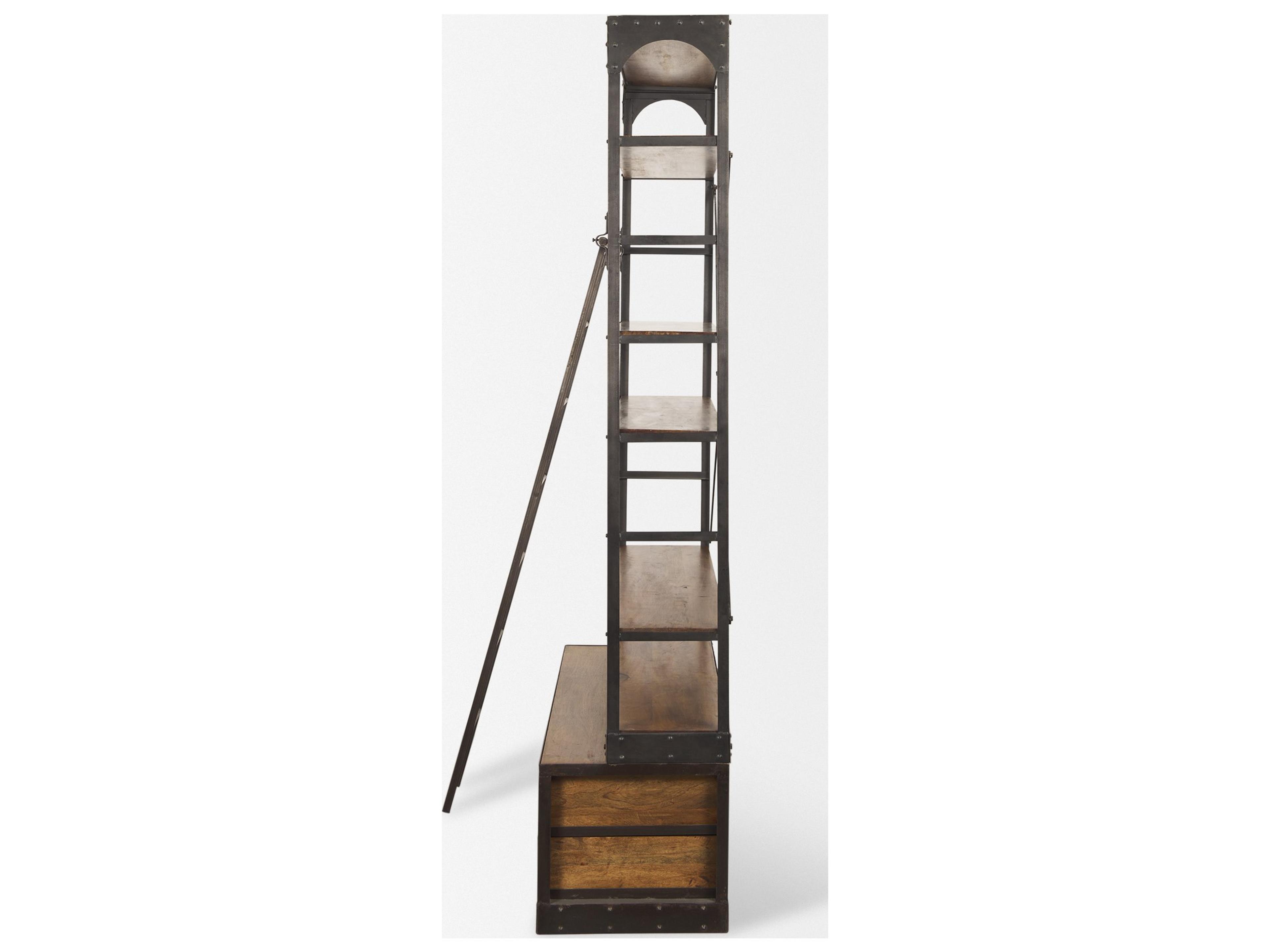 Mercana Brodie II Medium Brown Wood Black Ladder Four Shelf Shelving Unit 57L x 20.5W x94H