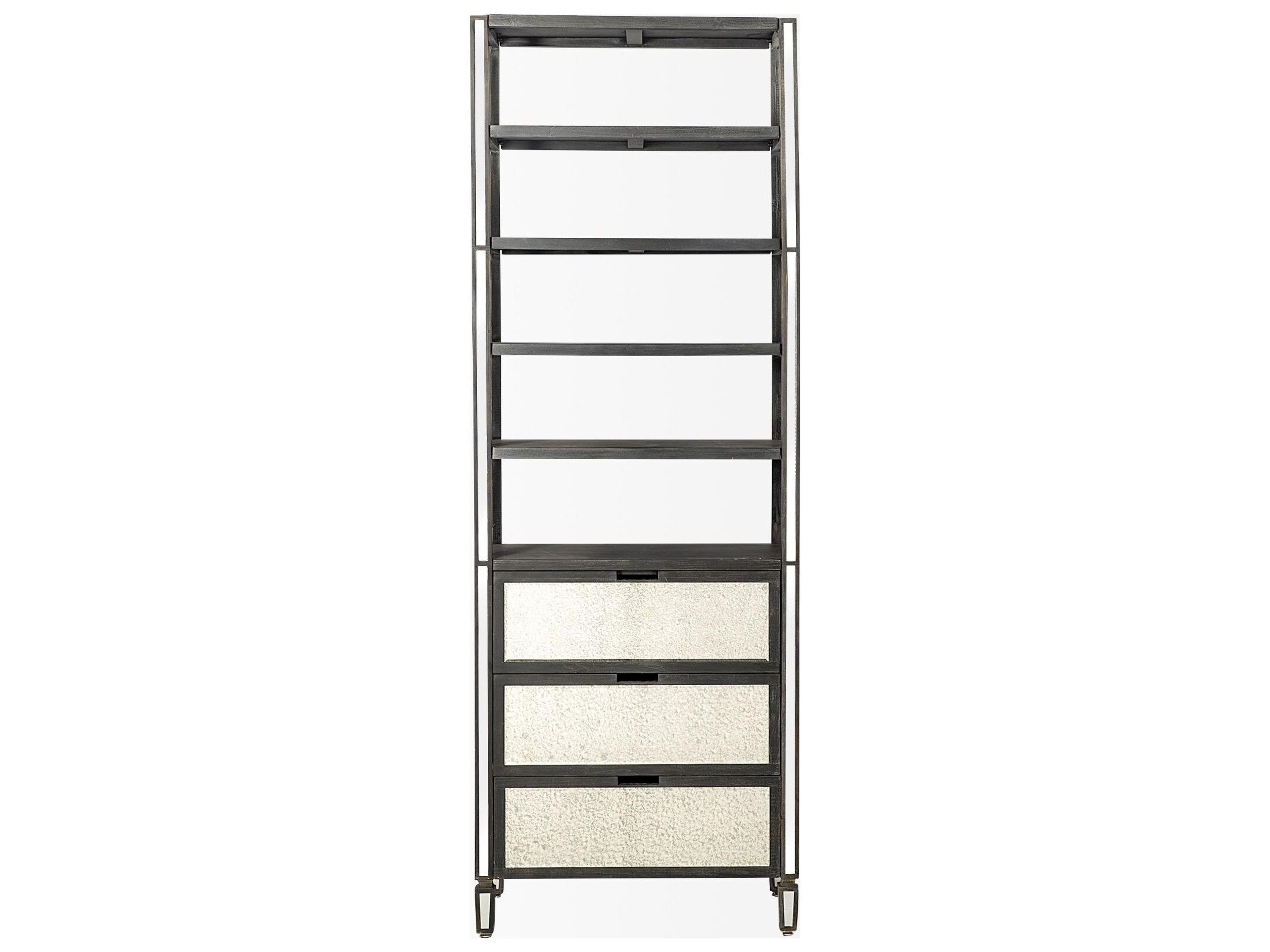 Mercana Sunnyvale 32L x 18W x 90H Dark Brown Solid Wood and Mirrored Glass Four Shelf Shelving Unit