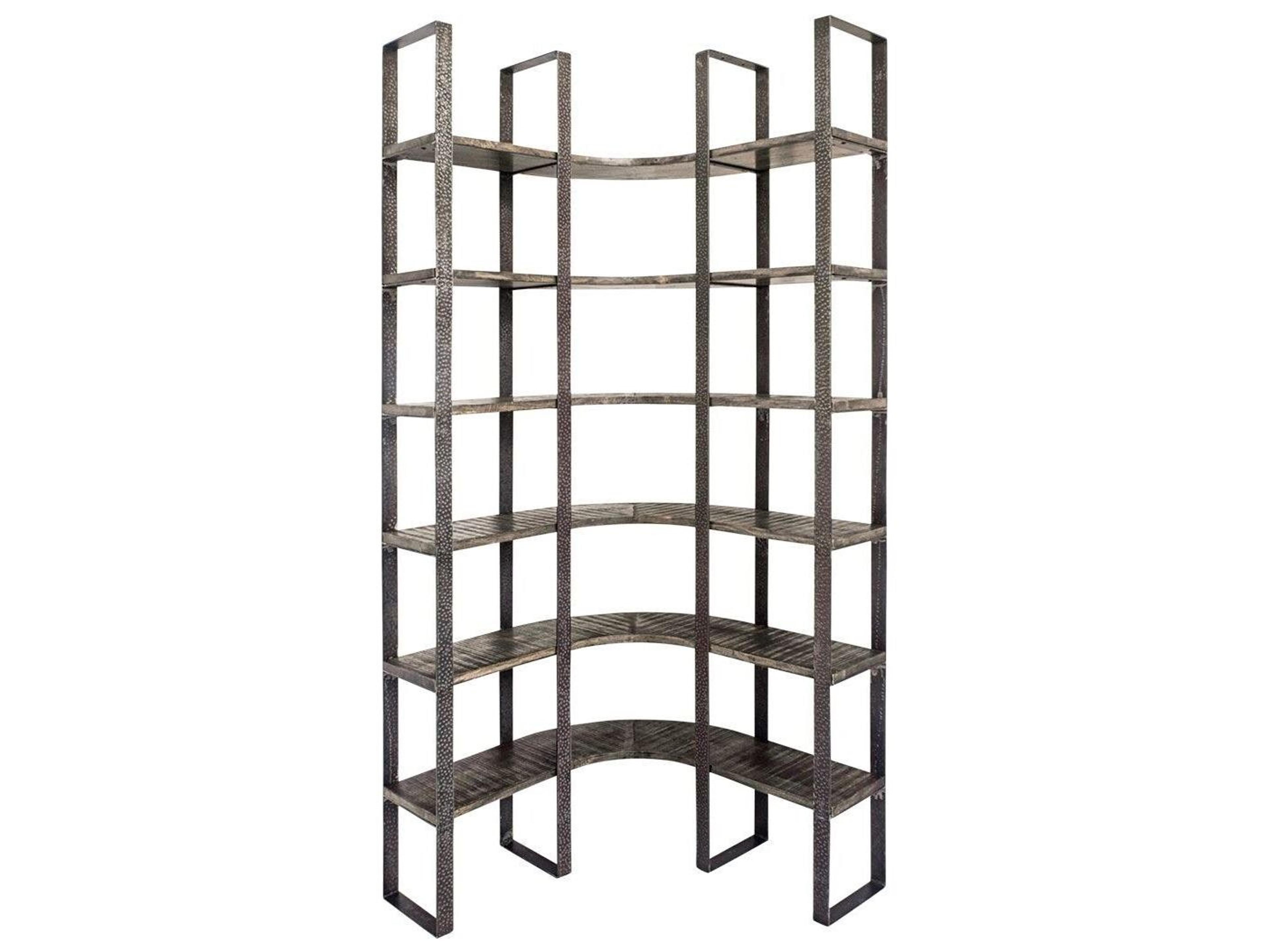 Turner I 37L x 10.5W x 90H Curved Brown Wood and Black Iron Six Shelving Unit
