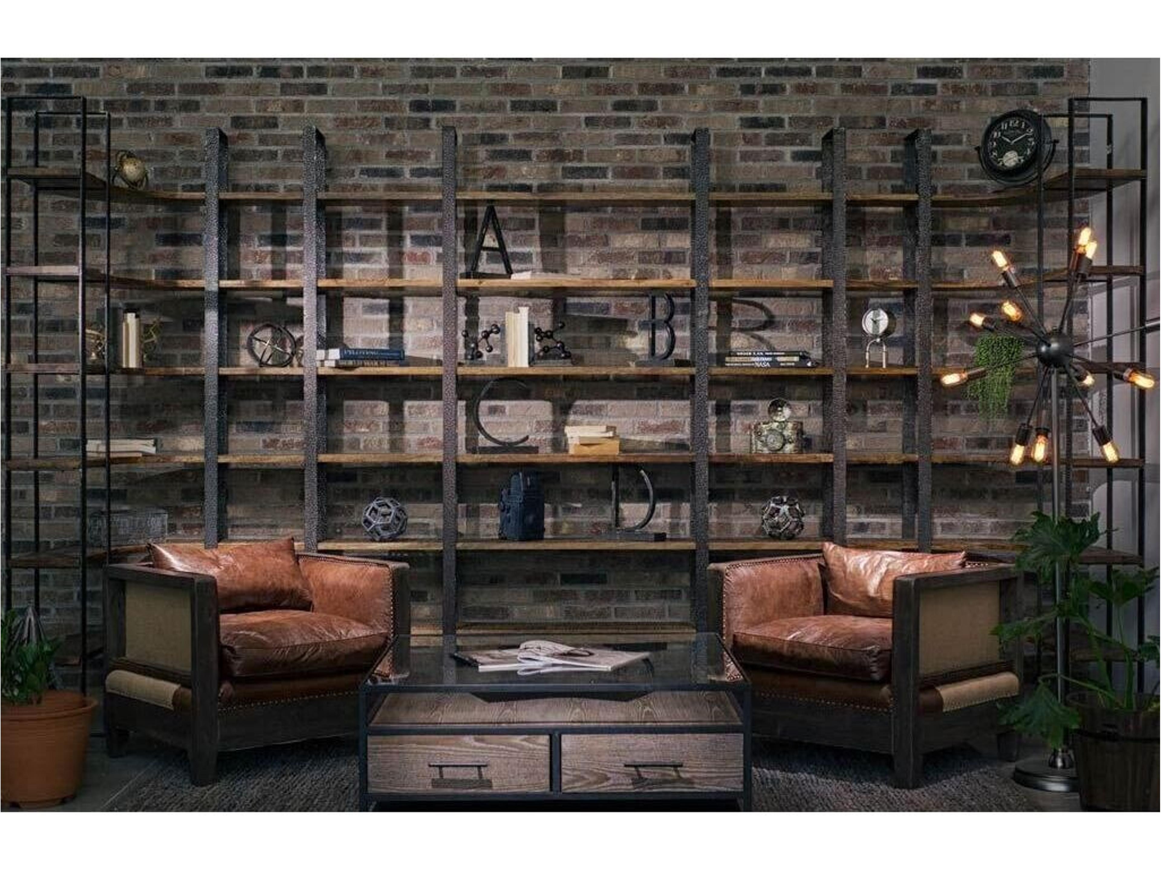 Mercana Turner I 37L x 10.5W x 90H Curved Brown Wood and Black Iron Six Shelving Unit