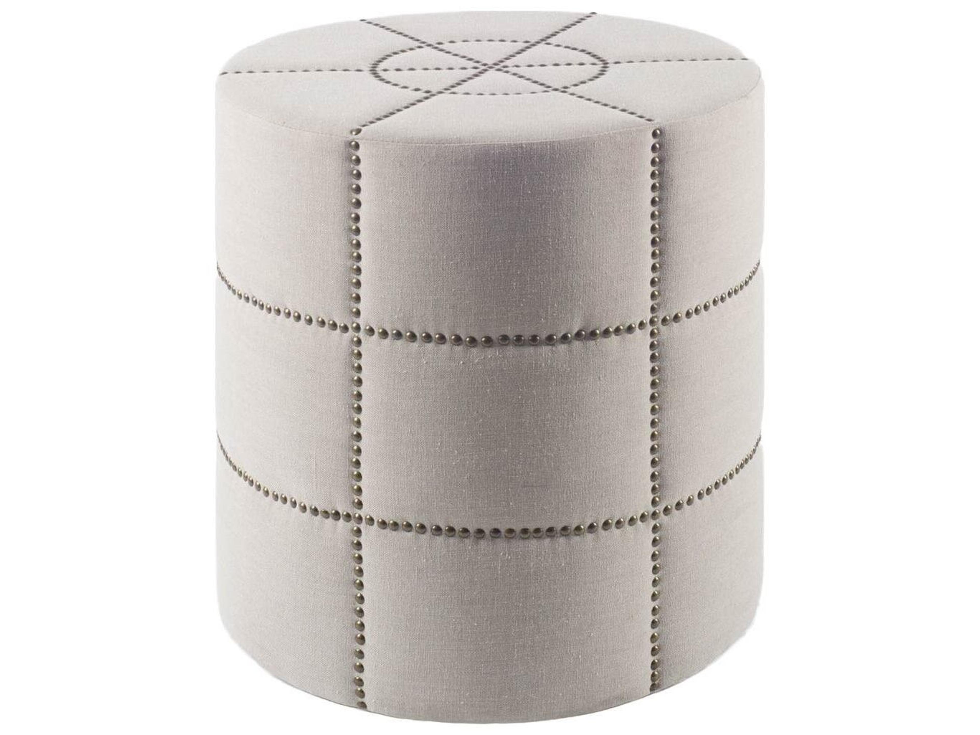 Beacon 20.5"H Cream Fabric w/ Metal Tacks Round Ottoman
