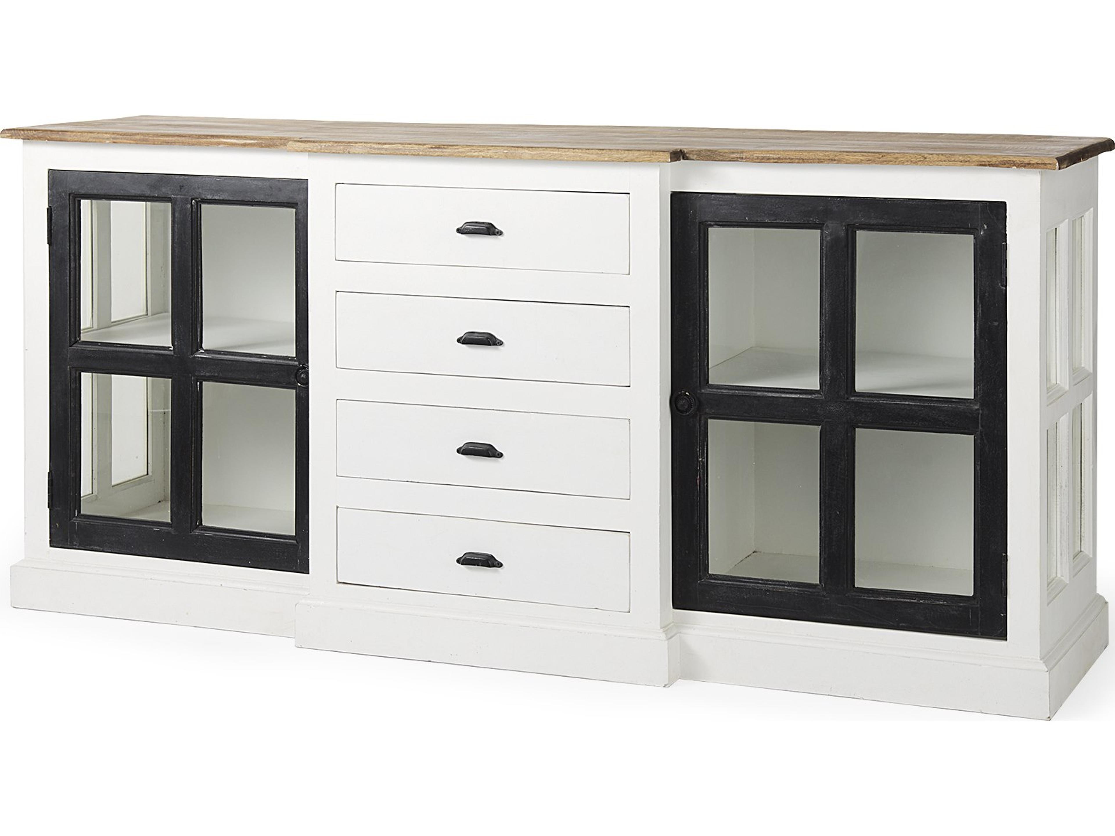 Bourchier 75x21 White/Black Solid Wood Frame Brown Top 4 Drawer 2 Glass Cabinet Buffet