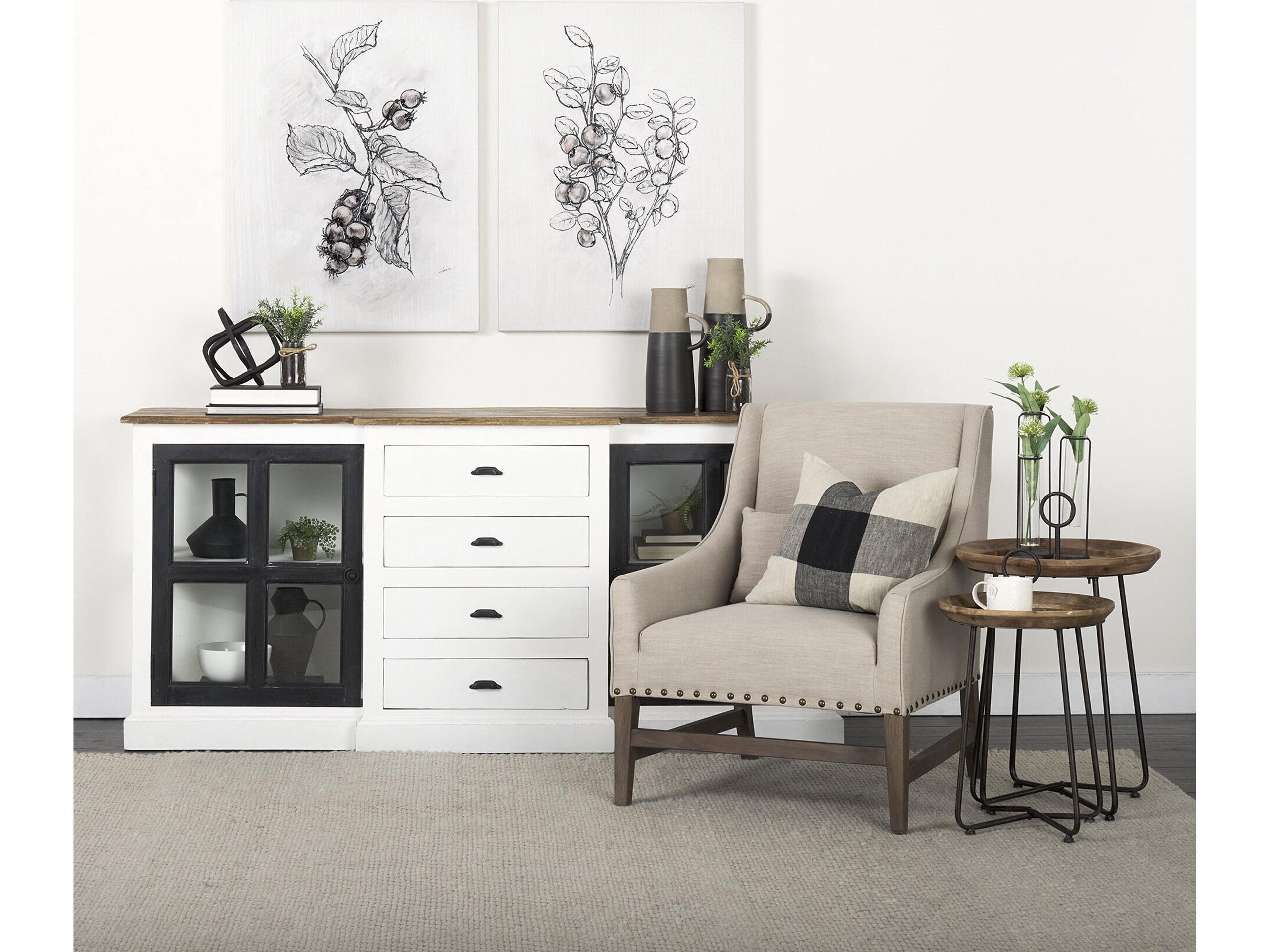 Mercana Bourchier 75x21 White/Black Solid Wood Frame Brown Top 4 Drawer 2 Glass Cabinet Buffet