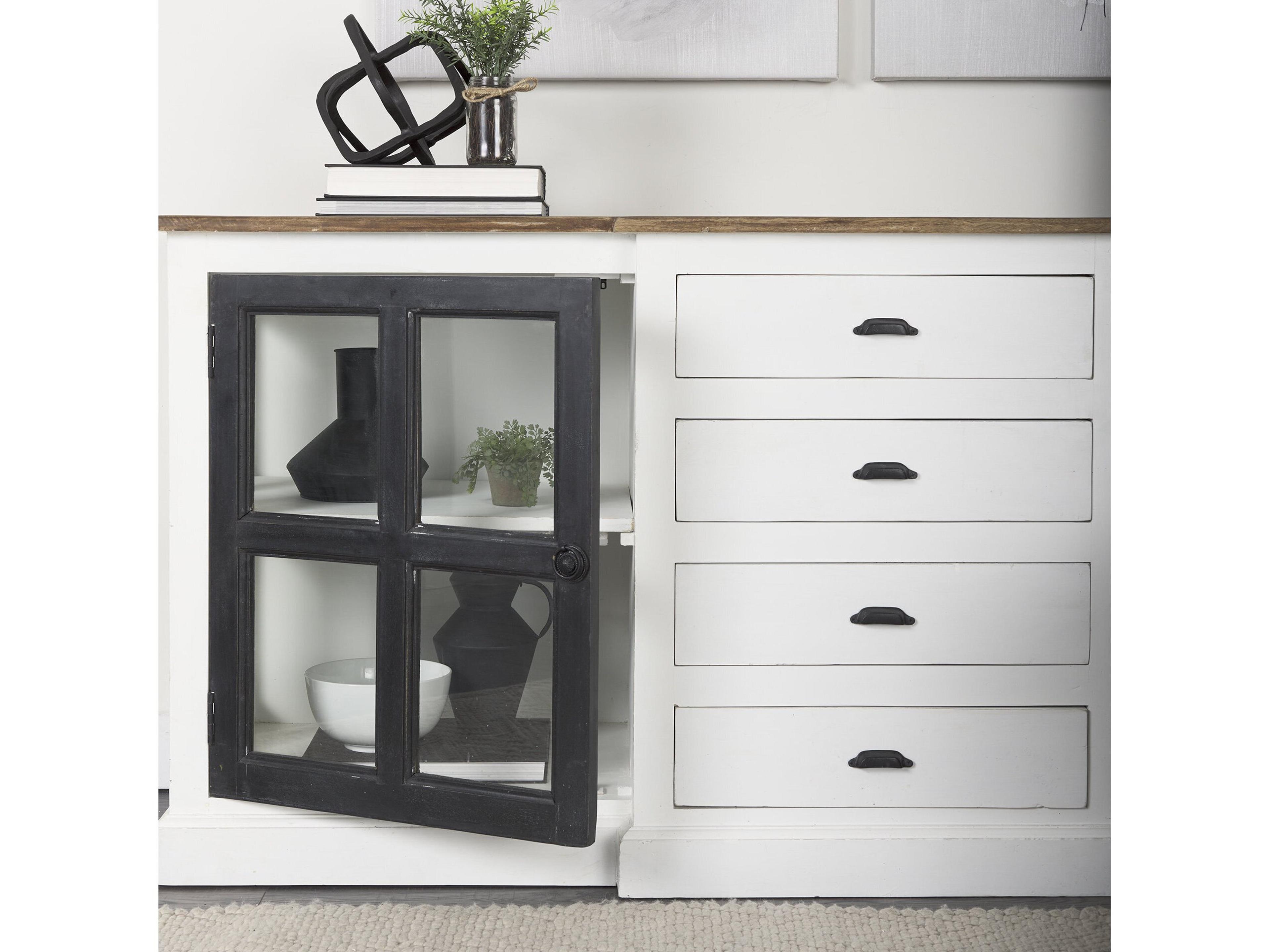 Mercana Bourchier 75x21 White/Black Solid Wood Frame Brown Top 4 Drawer 2 Glass Cabinet Buffet