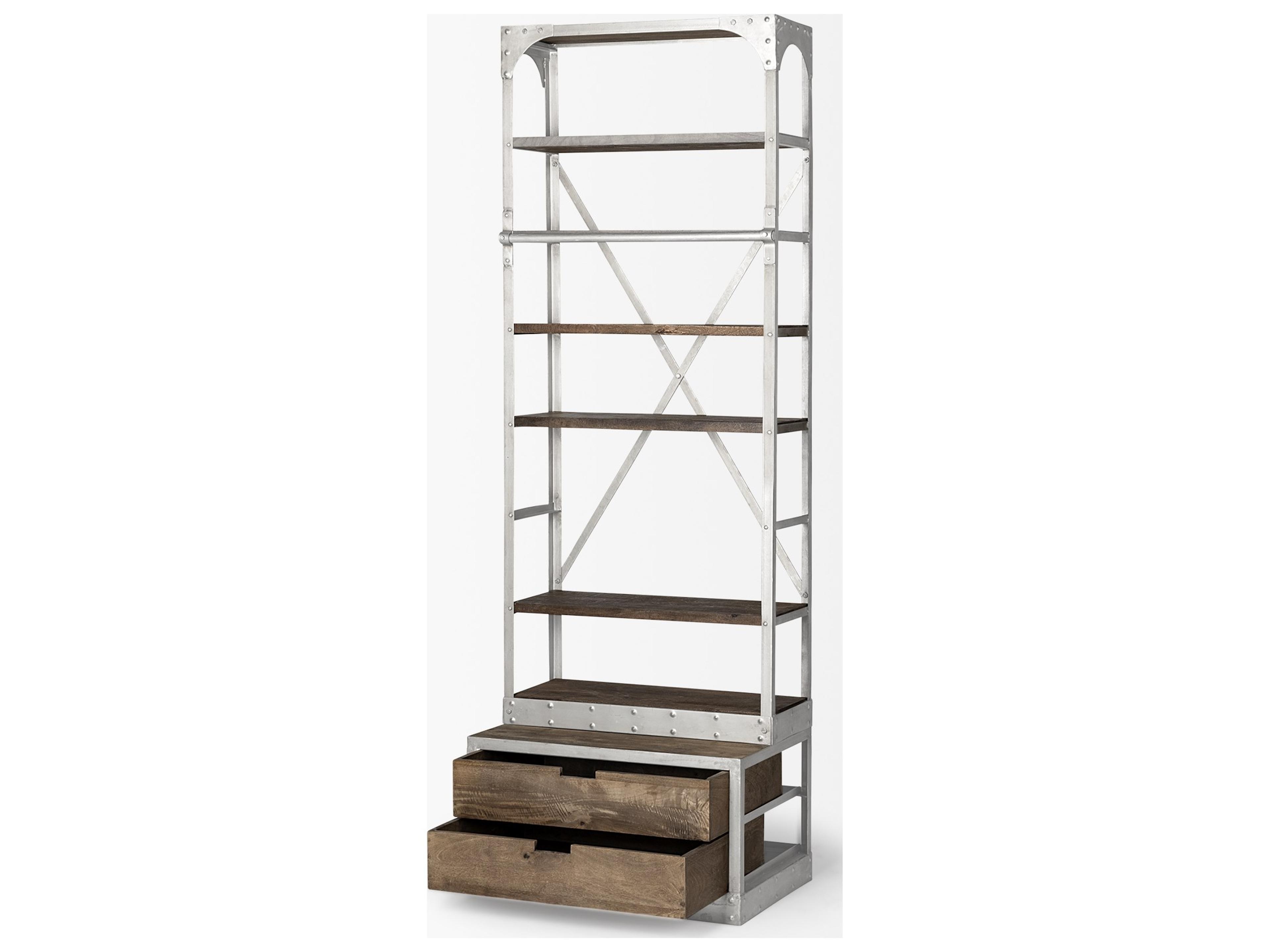 Mercana Brodie III 32L x 22W x 94H  Medium Brown Wood Silver Accent Four Shelf Shelving Unit