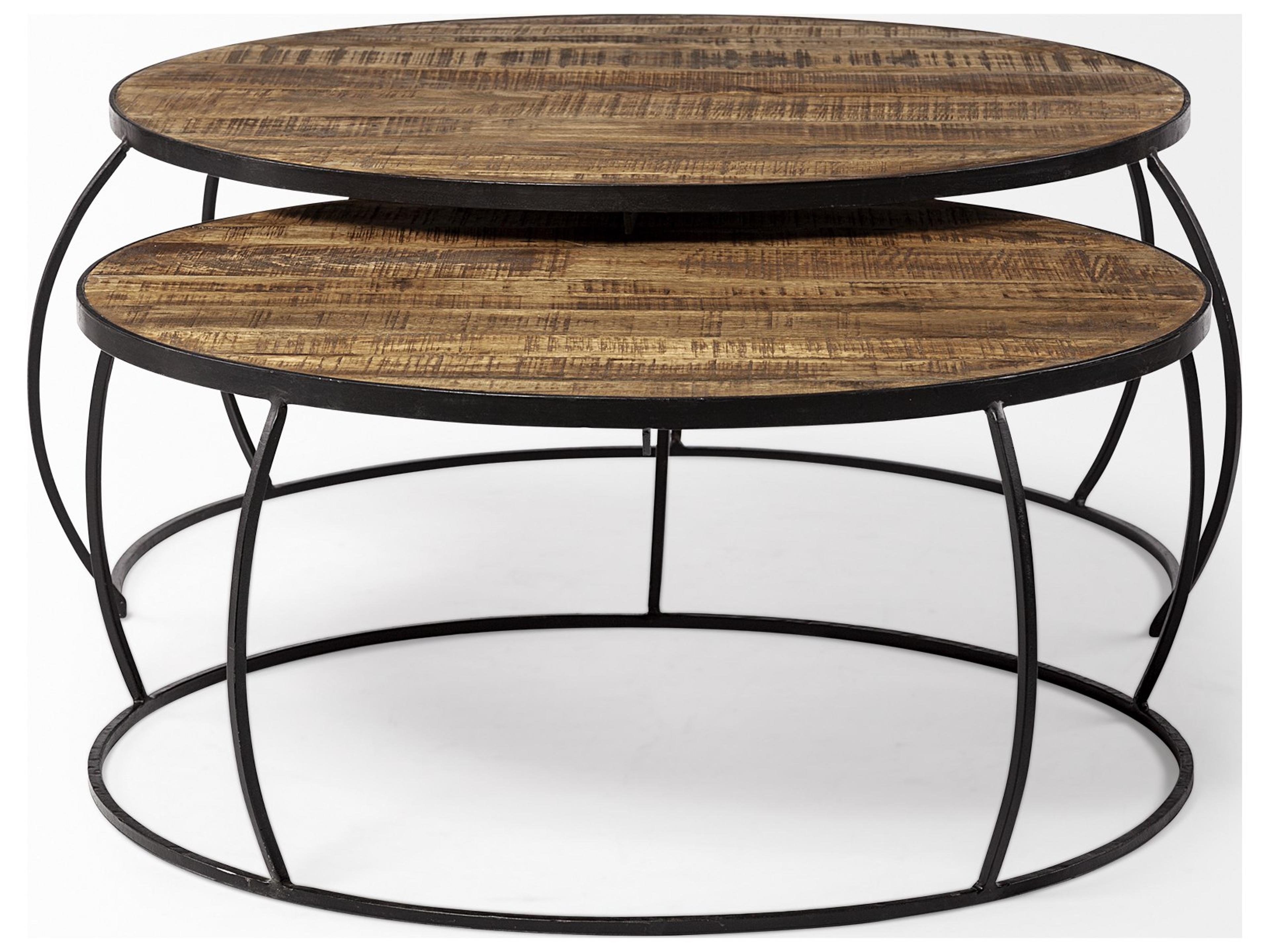 Mercana Clapp I Set of 2 (41" & 38") Round Brown Wood Top Black Iron Base Nesting Coffee Tables